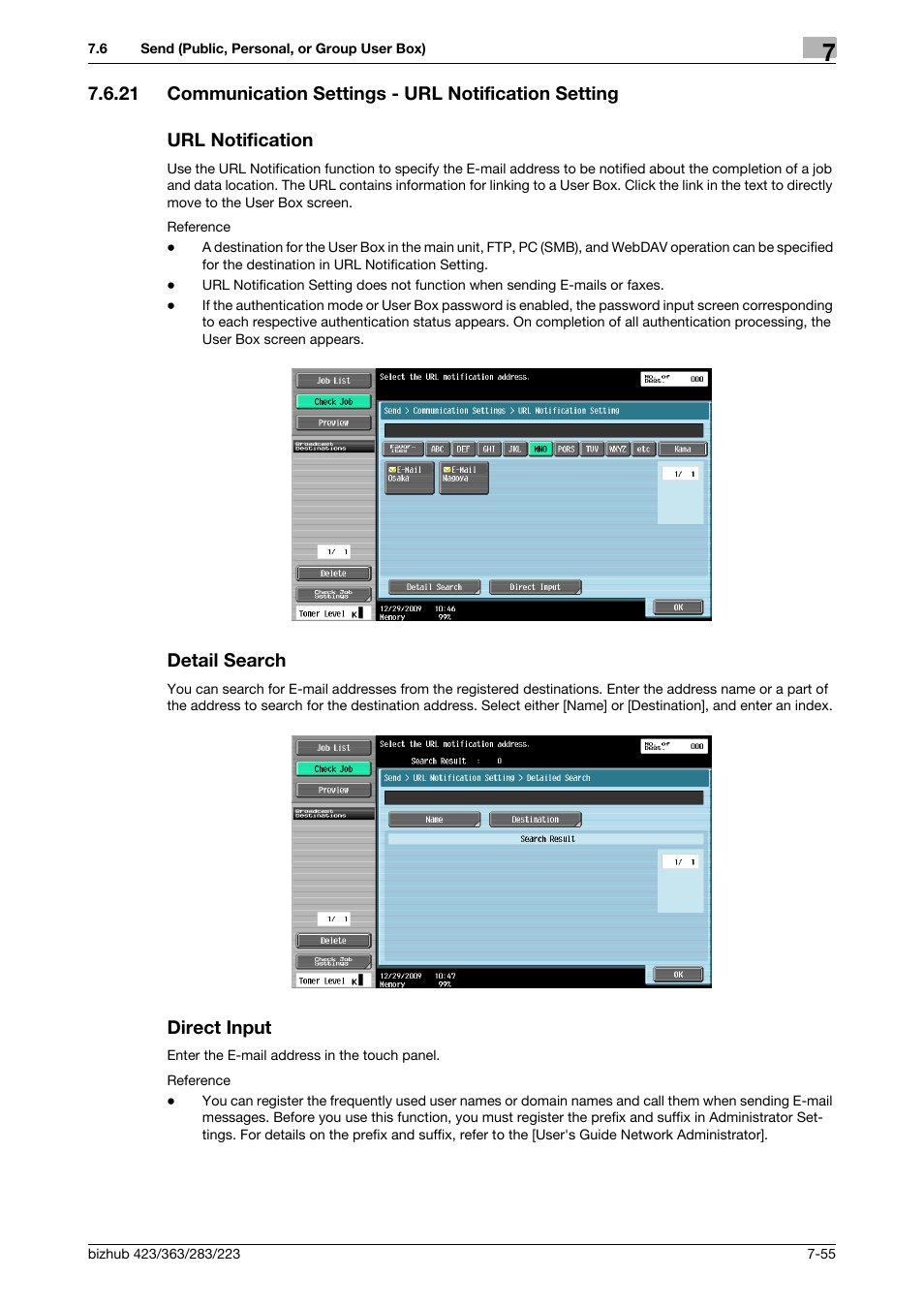 Url notification, Detail search, Direct input | P. 7-55), Ng] (p. 7-55) | Konica Minolta BIZHUB 223 User Manual | Page 163 / 302