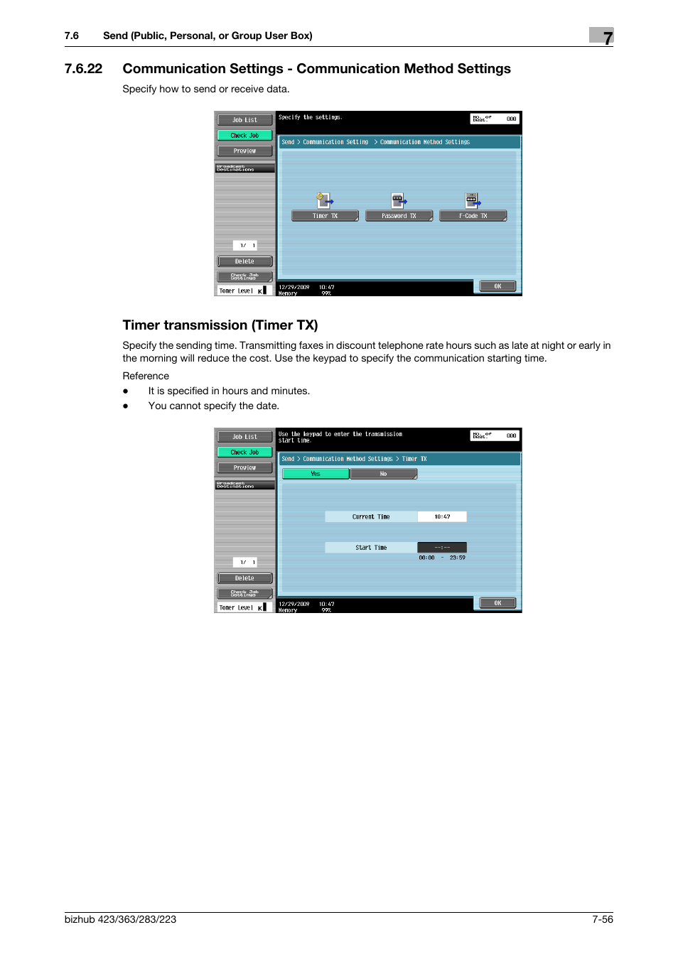 Timer transmission (timer tx), P. 7-56), P. 7-56 | Konica Minolta BIZHUB 223 User Manual | Page 164 / 302