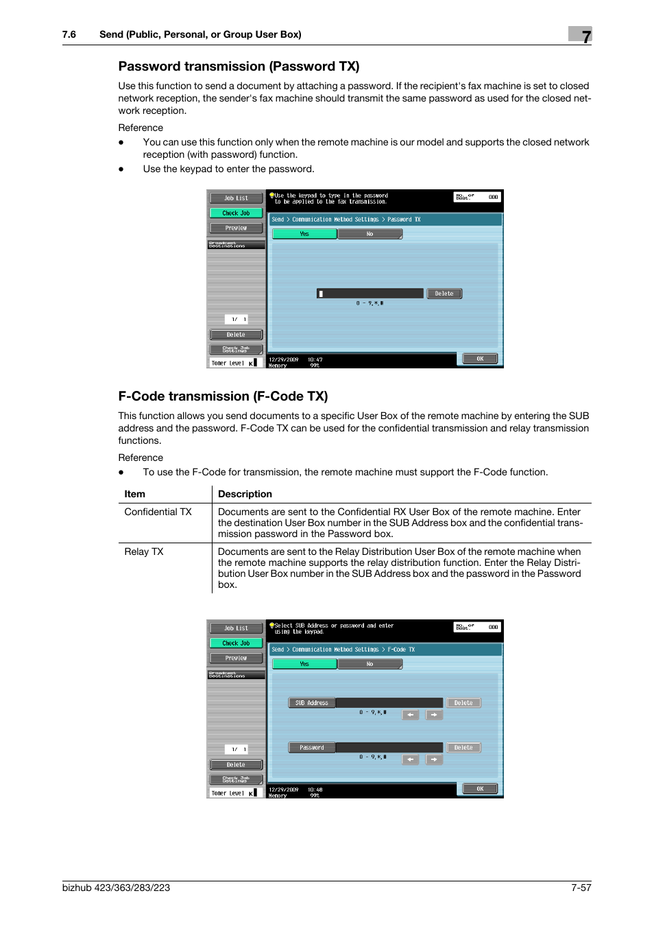 Password transmission (password tx), F-code transmission (f-code tx), P. 7-57 | Konica Minolta BIZHUB 223 User Manual | Page 165 / 302