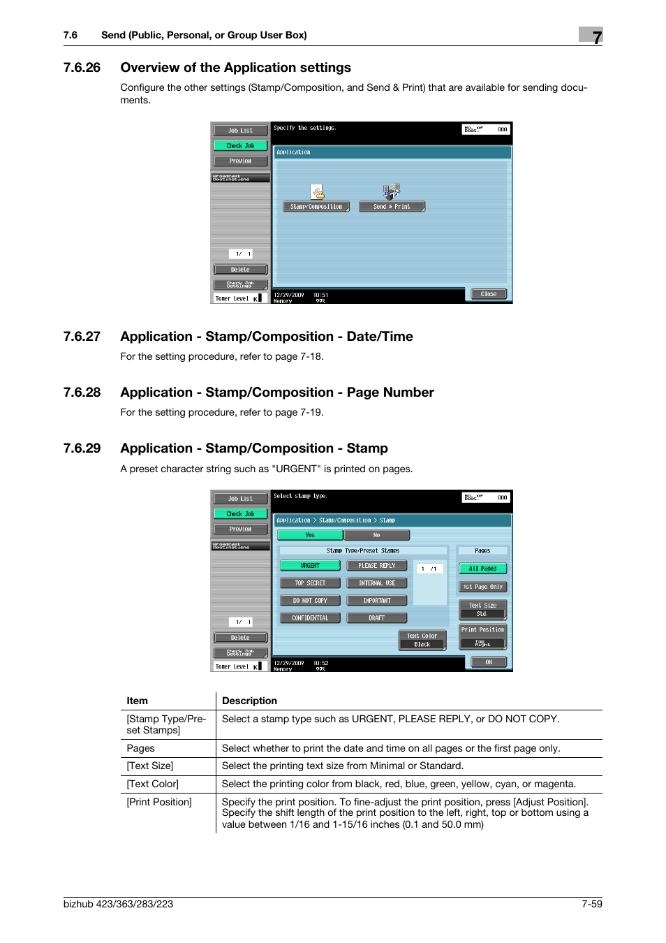 26 overview of the application settings, 27 application - stamp/composition - date/time, 29 application - stamp/composition - stamp | Overview of the application settings -59, Application - stamp/composition - date/time -59, Application - stamp/composition - stamp -59, P. 7-59), Tion] (p. 7-59 | Konica Minolta BIZHUB 223 User Manual | Page 167 / 302