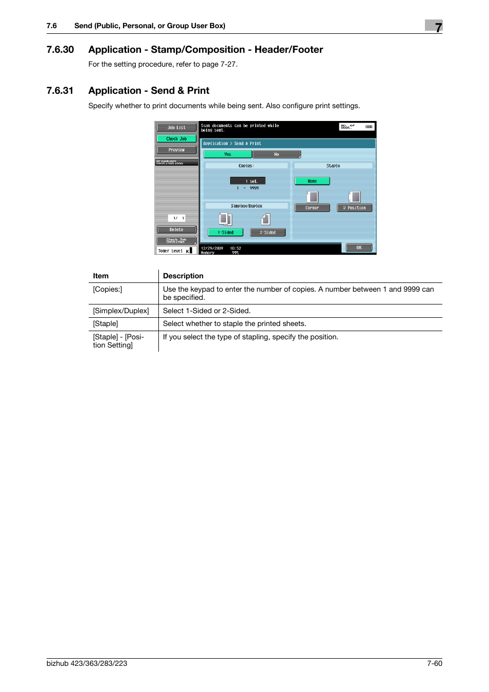 30 application - stamp/composition - header/footer, 31 application - send & print, Application - send & print -60 | P. 7-60), P. 7-60 | Konica Minolta BIZHUB 223 User Manual | Page 168 / 302