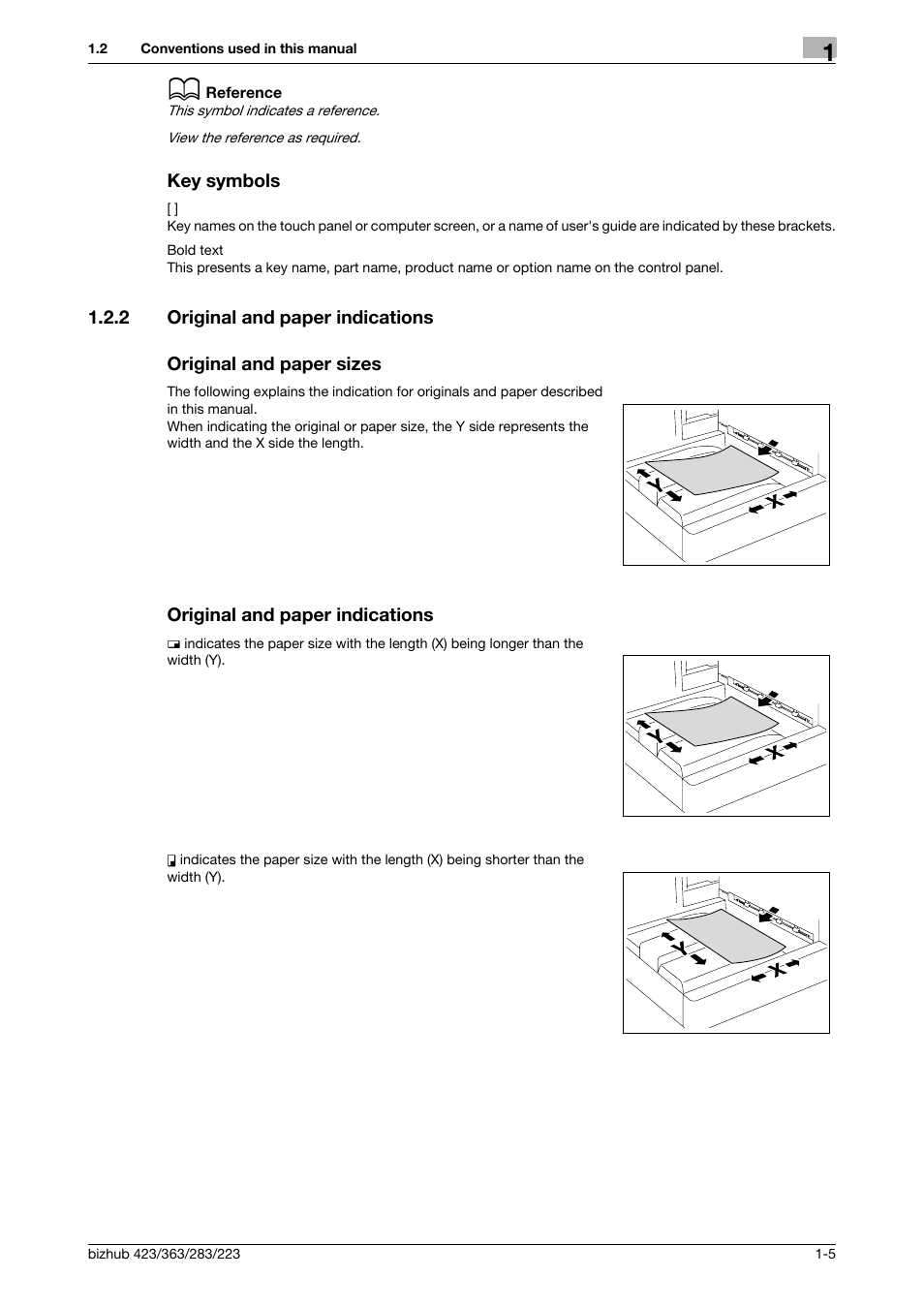 Key symbols, 2 original and paper indications, Original and paper sizes | Original and paper indications, Key symbols -5 | Konica Minolta BIZHUB 223 User Manual | Page 17 / 302