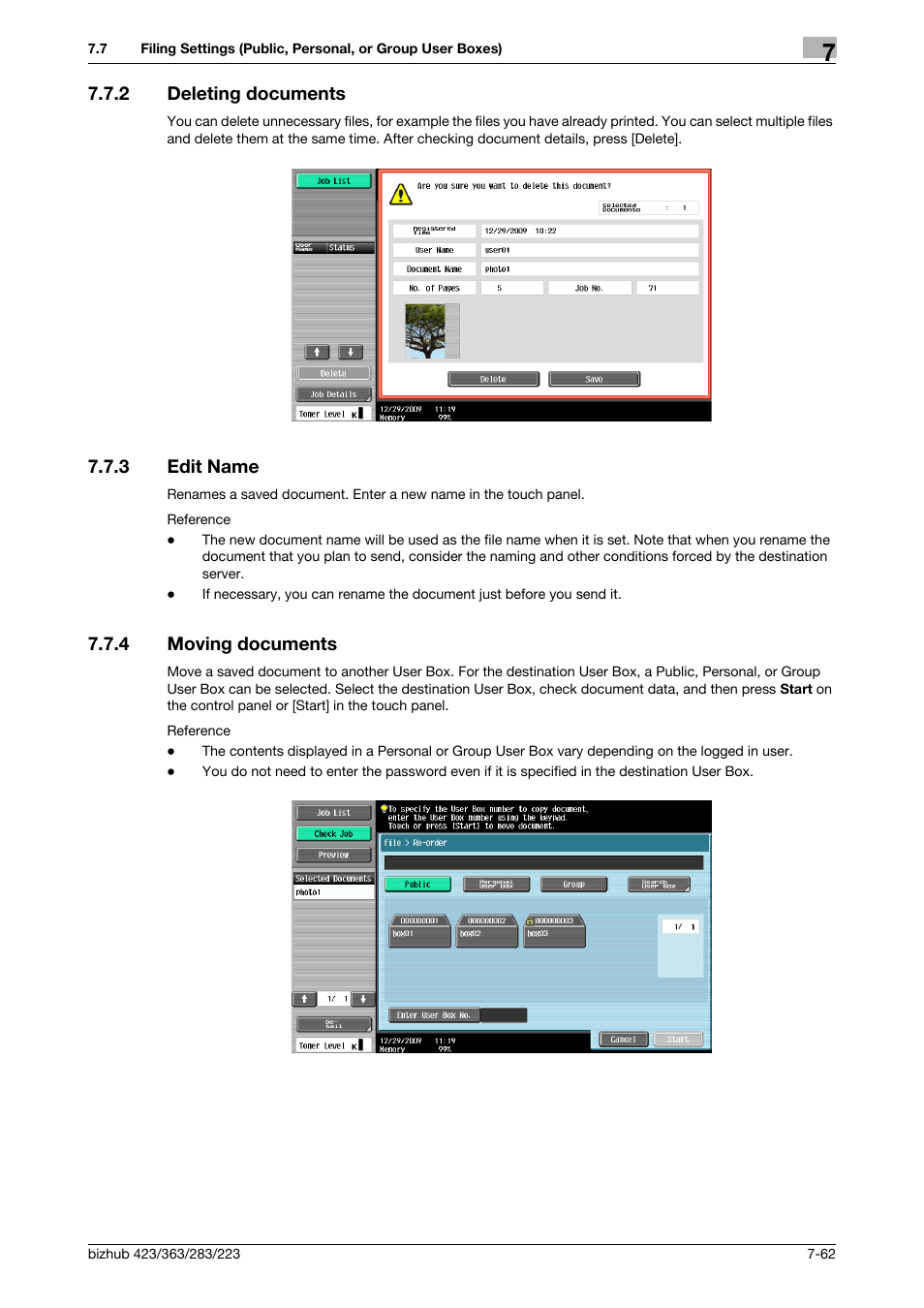 2 deleting documents, 3 edit name, 4 moving documents | Deleting documents -62, Edit name -62, Moving documents -62, P. 7-62), Ove] (p. 7-62) | Konica Minolta BIZHUB 223 User Manual | Page 170 / 302