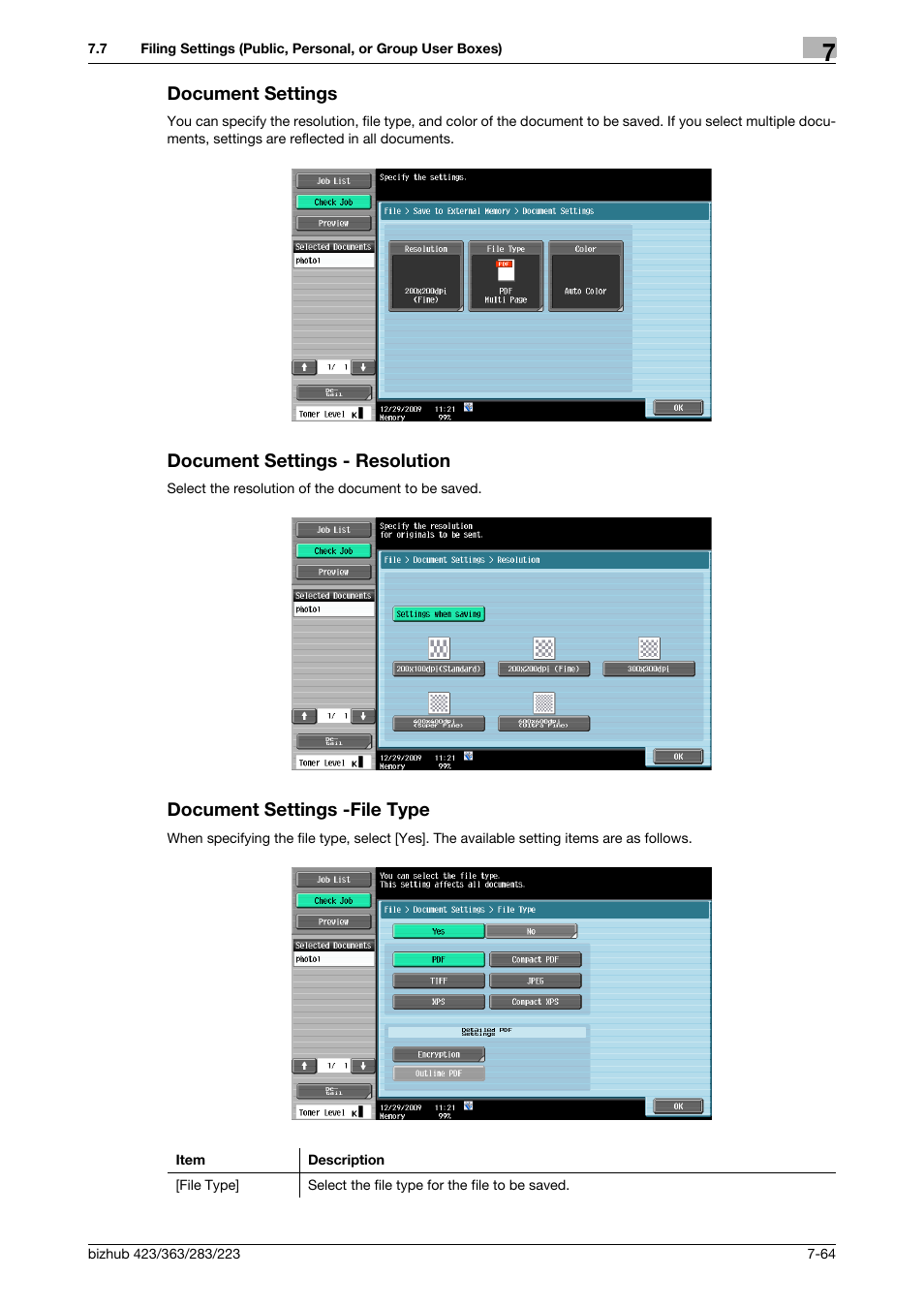 Document settings, Document settings - resolution, Document settings -file type | Konica Minolta BIZHUB 223 User Manual | Page 172 / 302