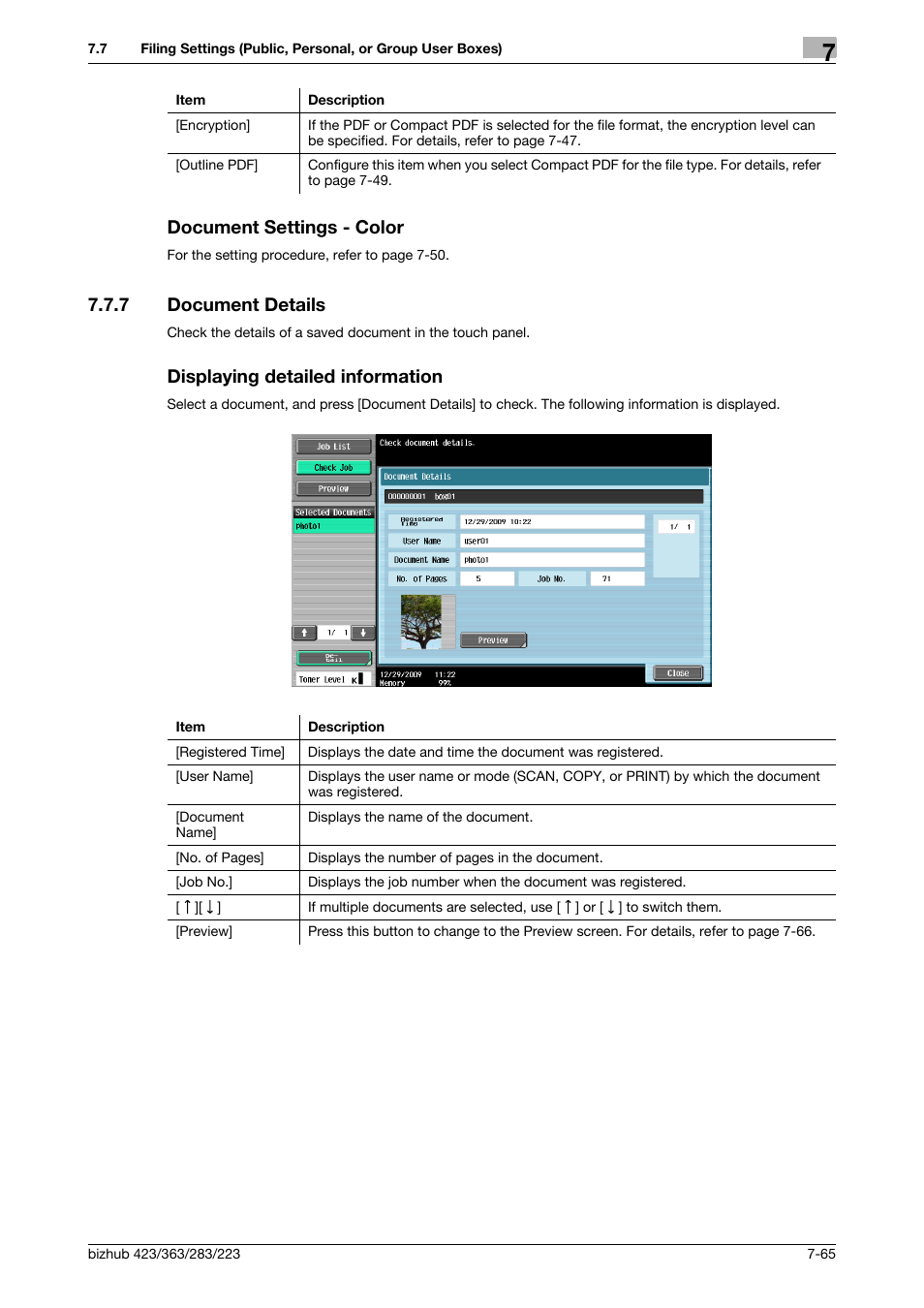 Document settings - color, 7 document details, Displaying detailed information | Document settings - color -65 | Konica Minolta BIZHUB 223 User Manual | Page 173 / 302