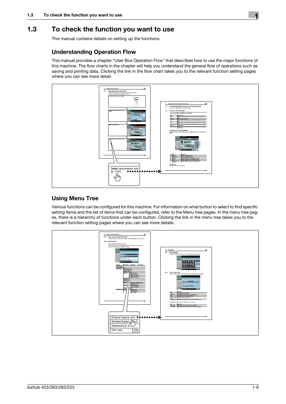 3 to check the function you want to use, Understanding operation flow, Using menu tree | Konica Minolta BIZHUB 223 User Manual | Page 18 / 302