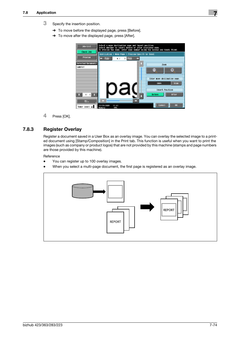 3 register overlay, Register overlay -74, P. 7-74) | Egister overlay] (p. 7-74) | Konica Minolta BIZHUB 223 User Manual | Page 182 / 302