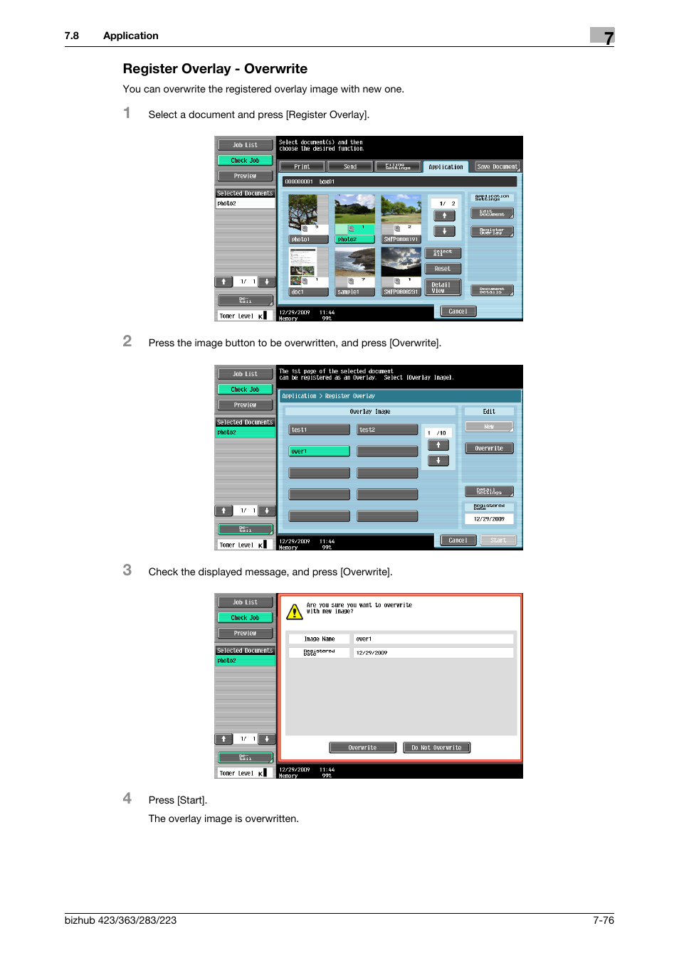 Register overlay - overwrite, Register overlay - overwrite -76, Overwrite] (p. 7-76) | Konica Minolta BIZHUB 223 User Manual | Page 184 / 302