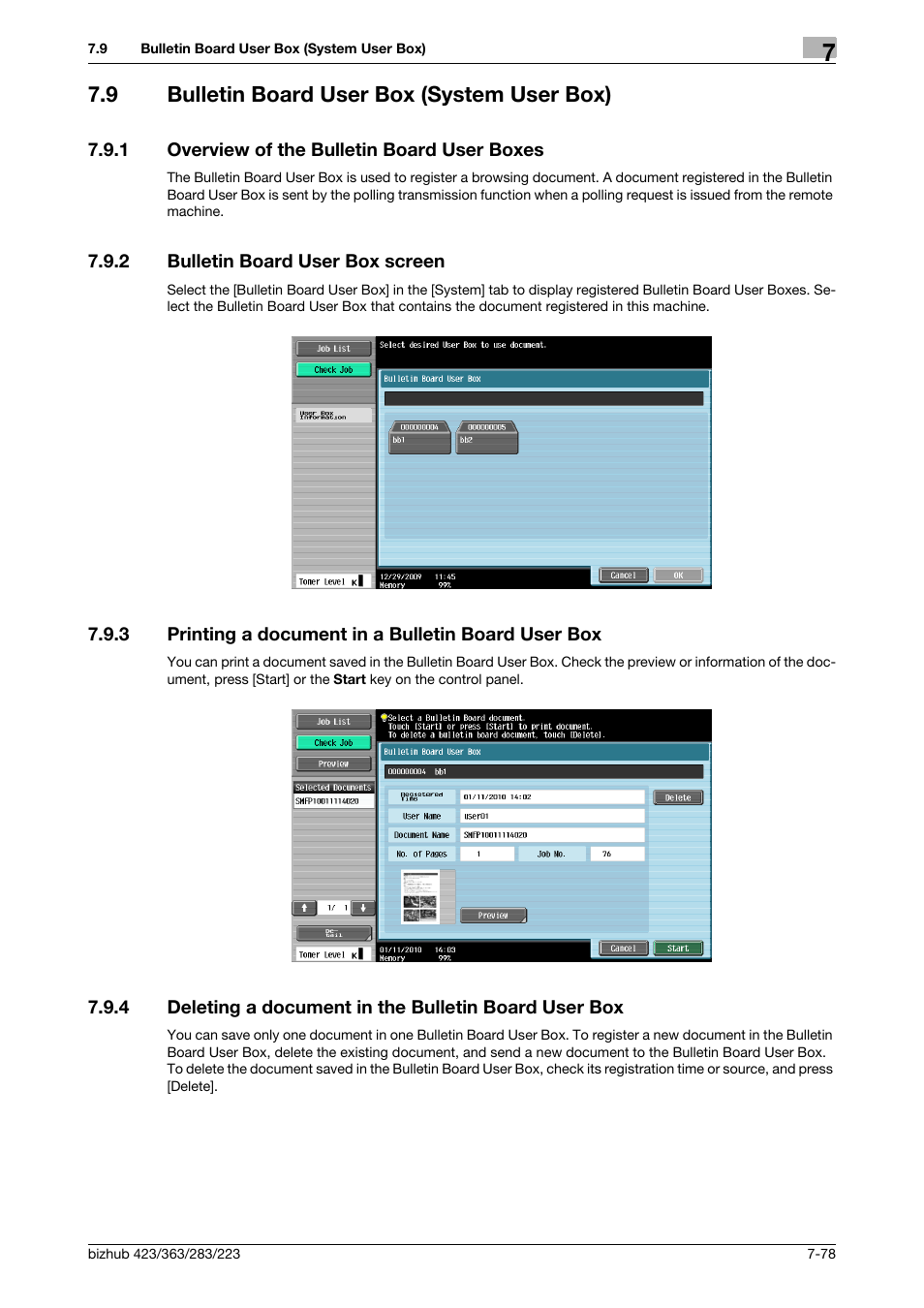 9 bulletin board user box (system user box), 1 overview of the bulletin board user boxes, 2 bulletin board user box screen | 3 printing a document in a bulletin board user box, Bulletin board user box (system user box) -78, Overview of the bulletin board user boxes -78, Bulletin board user box screen -78, P. 7-78, P. 7-78) | Konica Minolta BIZHUB 223 User Manual | Page 186 / 302