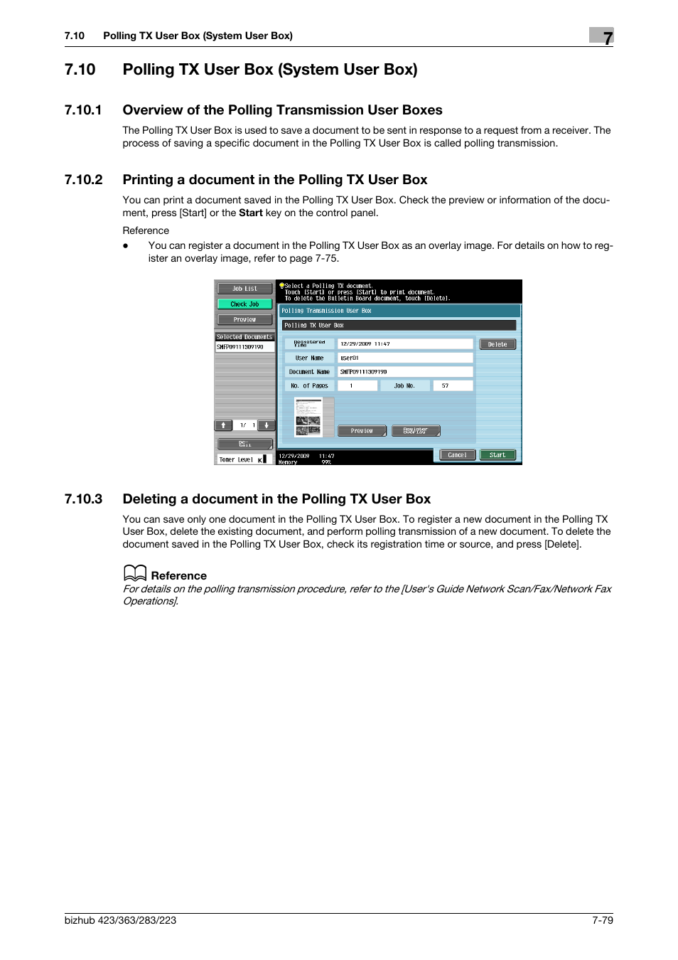 10 polling tx user box (system user box), 1 overview of the polling transmission user boxes, 2 printing a document in the polling tx user box | 3 deleting a document in the polling tx user box, Polling tx user box (system user box) -79, Printing a document in the polling tx user box -79, Deleting a document in the polling tx user box -79, P. 7-79, X] (p. 7-79) | Konica Minolta BIZHUB 223 User Manual | Page 187 / 302