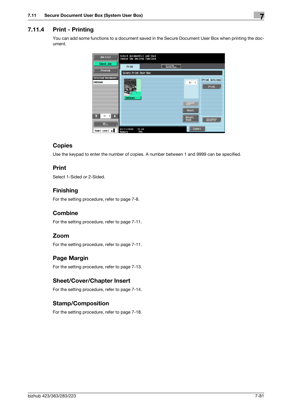 4 print - printing, Copies, Print | Finishing, Combine, Zoom, Sheet/cover/chapter insert, Stamp/composition, P. 7-81) | Konica Minolta BIZHUB 223 User Manual | Page 189 / 302