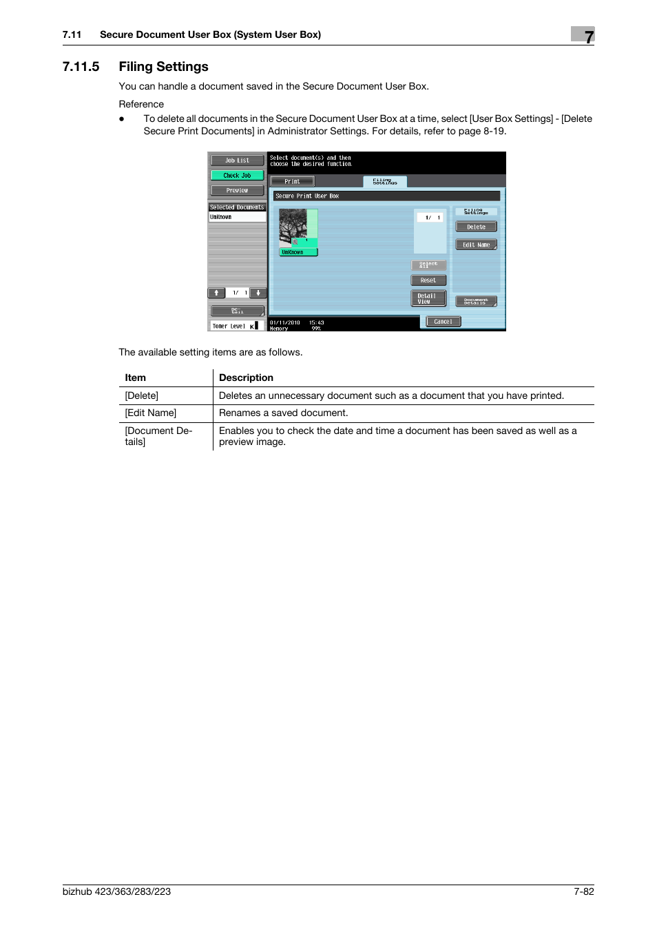 5 filing settings, Filing settings -82, P. 7-82) | Konica Minolta BIZHUB 223 User Manual | Page 190 / 302