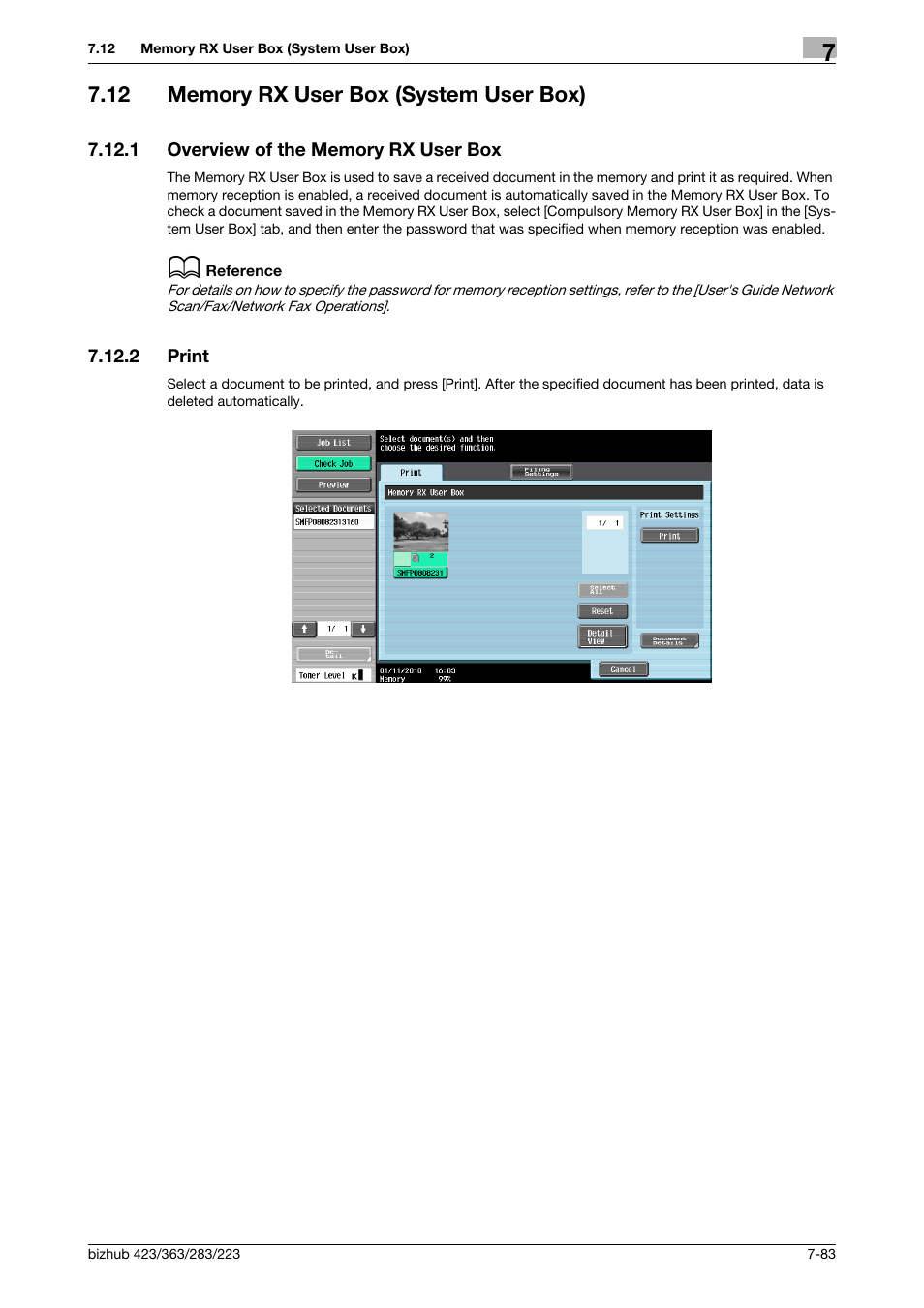 12 memory rx user box (system user box), 1 overview of the memory rx user box, 2 print | Memory rx user box (system user box) -83, Overview of the memory rx user box -83, Print -83, P. 7-83 | Konica Minolta BIZHUB 223 User Manual | Page 191 / 302