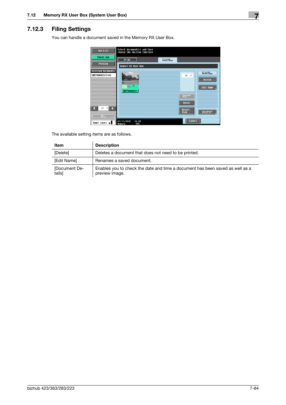 3 filing settings, Filing settings -84, P. 7-84) | Konica Minolta BIZHUB 223 User Manual | Page 192 / 302