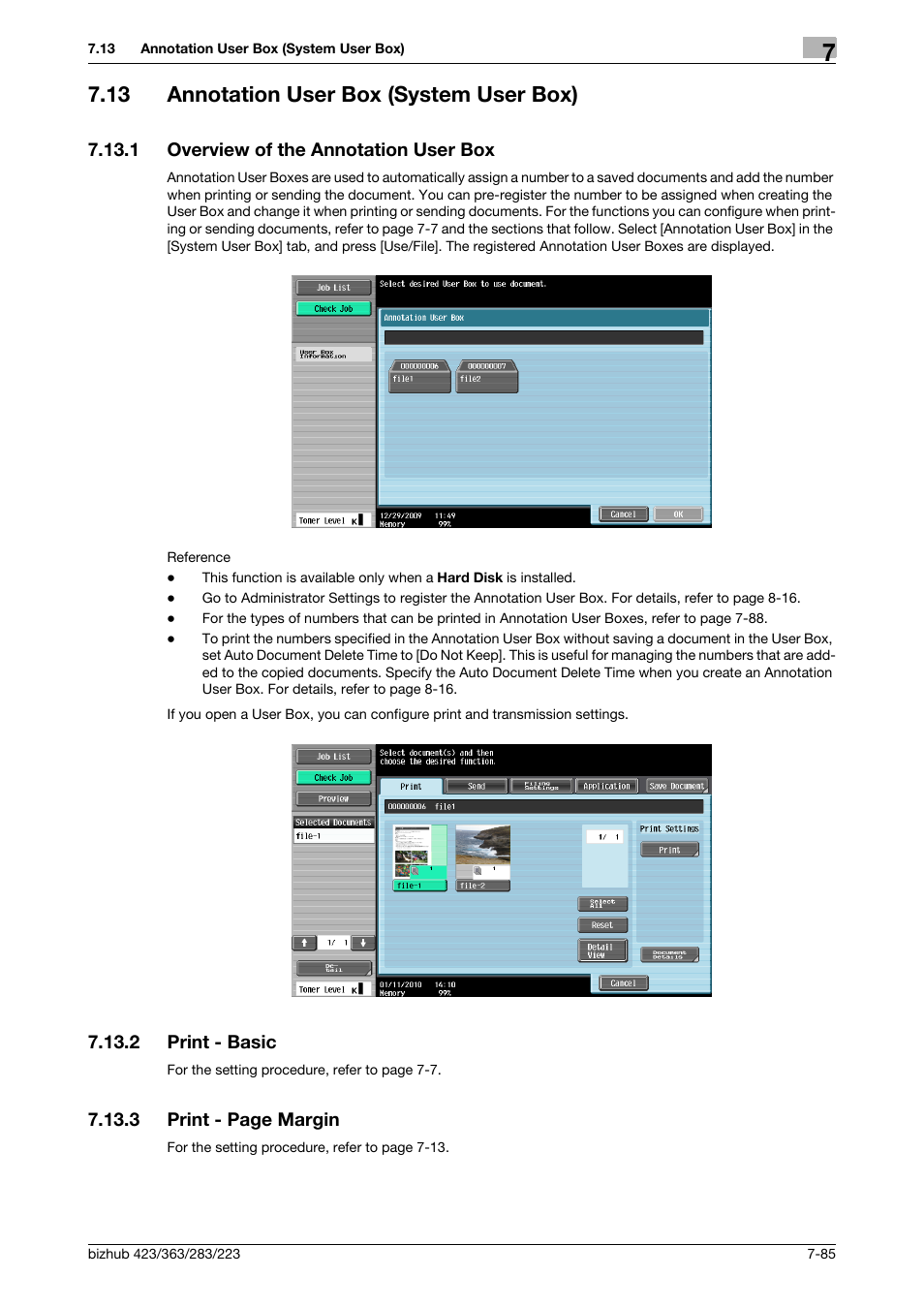 13 annotation user box (system user box), 1 overview of the annotation user box, 2 print - basic | Annotation user box (system user box) -85, Overview of the annotation user box -85, Print - basic -85, P. 7-85 | Konica Minolta BIZHUB 223 User Manual | Page 193 / 302