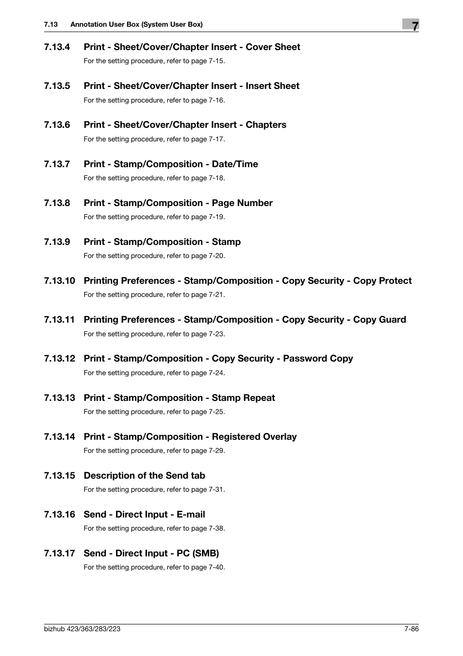 4 print - sheet/cover/chapter insert - cover sheet, 6 print - sheet/cover/chapter insert - chapters, 7 print - stamp/composition - date/time | 9 print - stamp/composition - stamp, 13 print - stamp/composition - stamp repeat, 14 print - stamp/composition - registered overlay, 15 description of the send tab, 16 send - direct input - e-mail, 17 send - direct input - pc (smb), Print - sheet/cover/chapter insert - chapters -86 | Konica Minolta BIZHUB 223 User Manual | Page 194 / 302