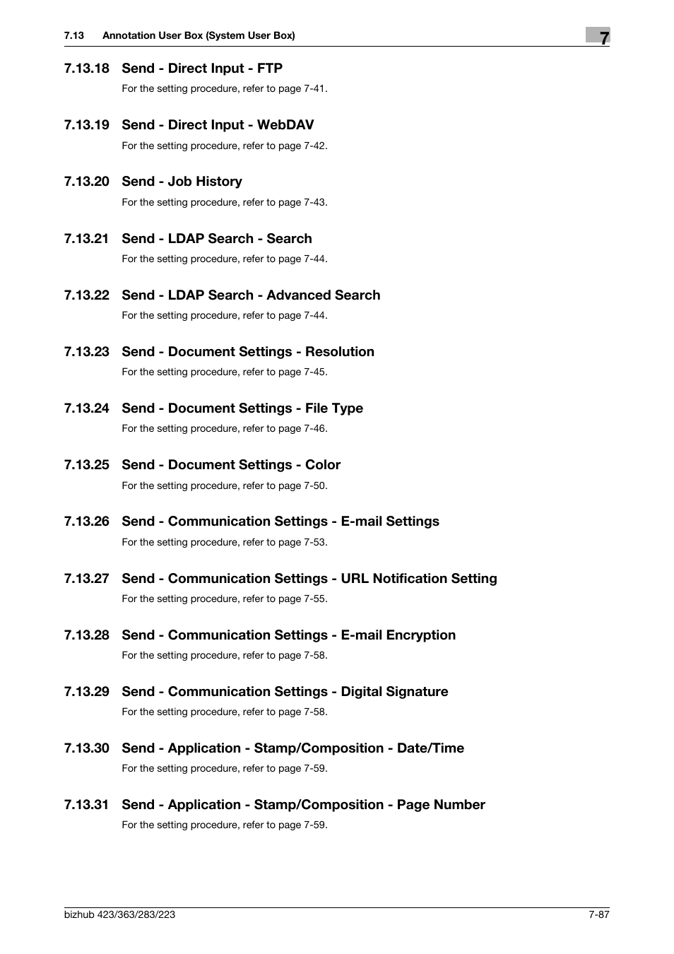 18 send - direct input - ftp, 19 send - direct input - webdav, 20 send - job history | 21 send - ldap search - search, 22 send - ldap search - advanced search, 23 send - document settings - resolution, 24 send - document settings - file type, 25 send - document settings - color, 26 send - communication settings - e-mail settings, Send - direct input - ftp -87 | Konica Minolta BIZHUB 223 User Manual | Page 195 / 302