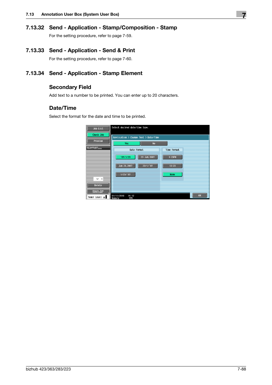 32 send - application - stamp/composition - stamp, 33 send - application - send & print, 34 send - application - stamp element | Secondary field, Date/time, Send - application - stamp/composition - stamp -88, Send - application - send & print -88, P. 7-88 | Konica Minolta BIZHUB 223 User Manual | Page 196 / 302