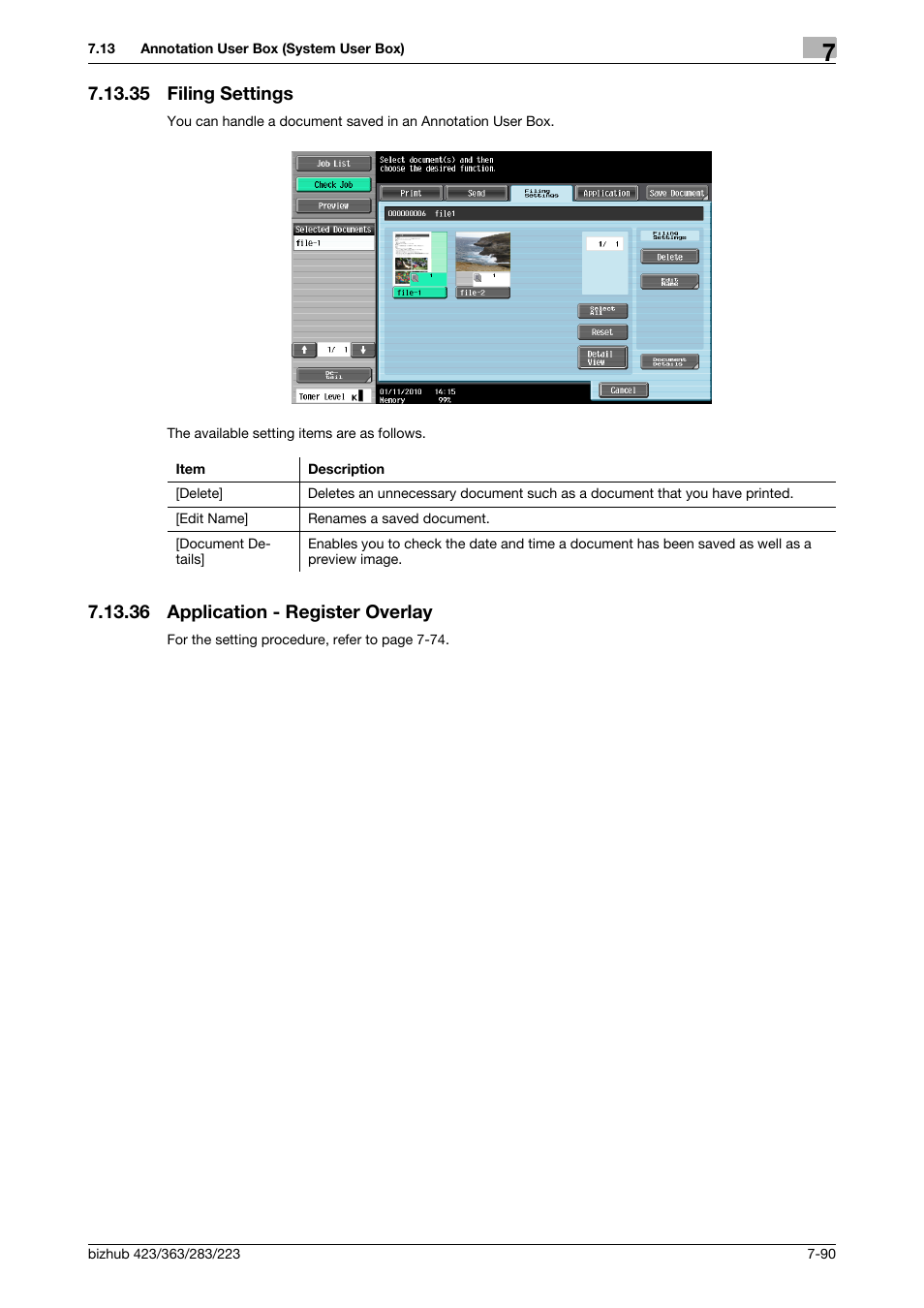 35 filing settings, 36 application - register overlay, Filing settings -90 | Application - register overlay -90, P. 7-90) | Konica Minolta BIZHUB 223 User Manual | Page 198 / 302