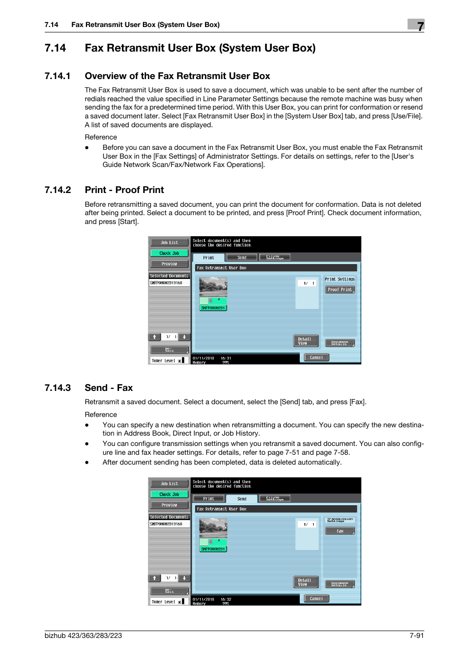 14 fax retransmit user box (system user box), 1 overview of the fax retransmit user box, 2 print - proof print | 3 send - fax, Fax retransmit user box (system user box) -91, Overview of the fax retransmit user box -91, Print - proof print -91, Send - fax -91, P. 7-91, Proof print] (p. 7-91) | Konica Minolta BIZHUB 223 User Manual | Page 199 / 302