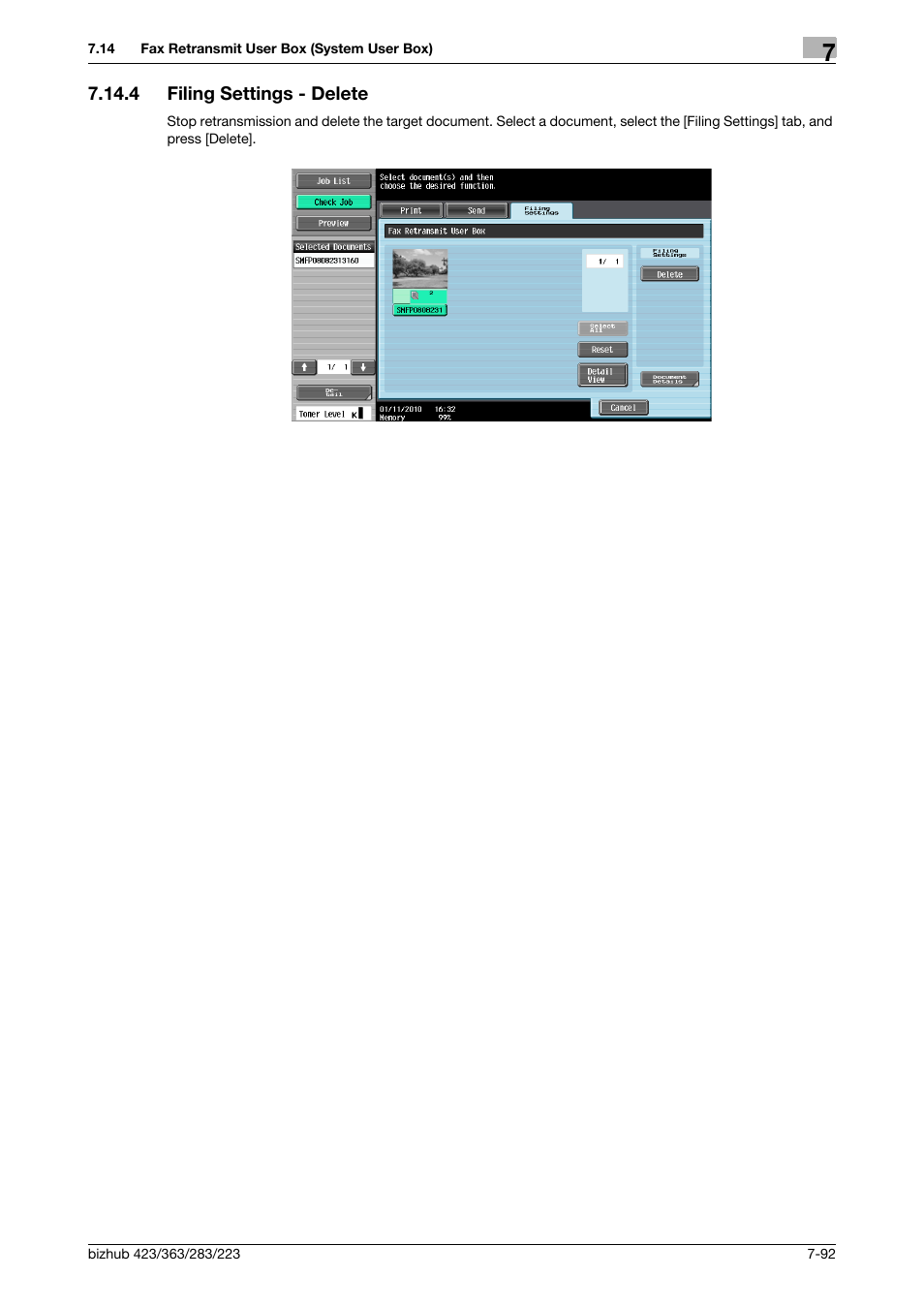 4 filing settings - delete, Filing settings - delete -92, E] (p. 7-92) | Konica Minolta BIZHUB 223 User Manual | Page 200 / 302