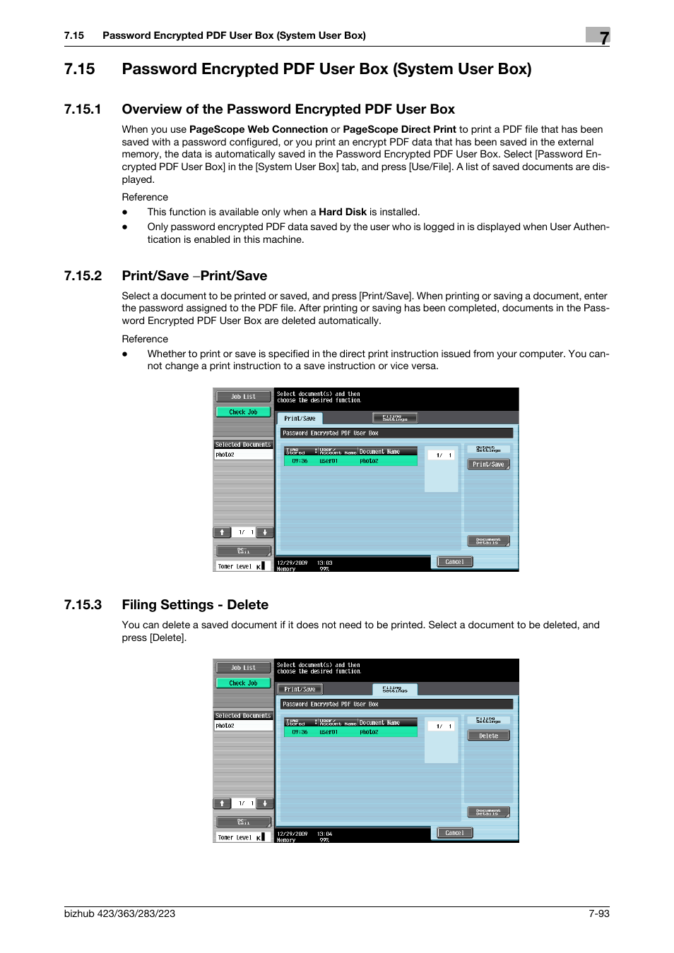 1 overview of the password encrypted pdf user box, 2 print/save -print/save, 3 filing settings - delete | Print/save, Print/save -93, Filing settings - delete -93, P. 7-93, Ave] (p. 7-93), E] (p. 7-93) | Konica Minolta BIZHUB 223 User Manual | Page 201 / 302