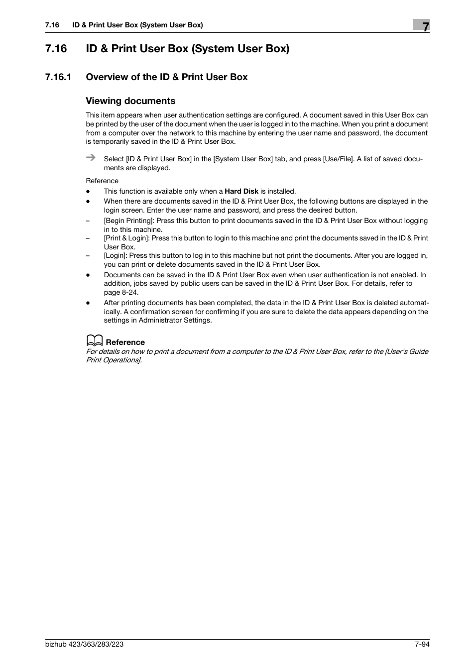 16 id & print user box (system user box), 1 overview of the id & print user box, Viewing documents | Id & print user box (system user box) -94, P. 7-94 | Konica Minolta BIZHUB 223 User Manual | Page 202 / 302