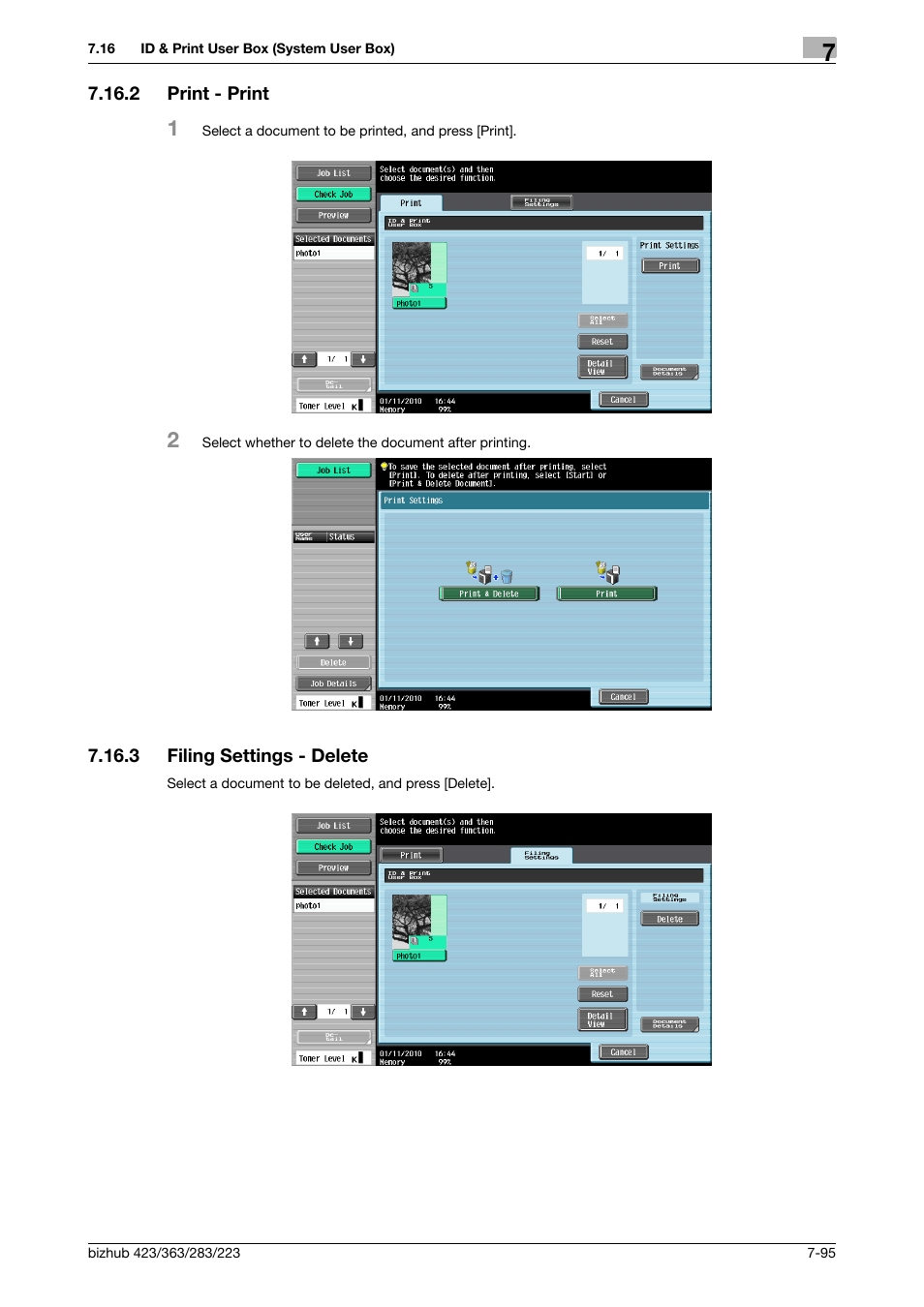 2 print - print, 3 filing settings - delete, Print - print -95 | Filing settings - delete -95, P. 7-95), E] (p. 7-95) | Konica Minolta BIZHUB 223 User Manual | Page 203 / 302