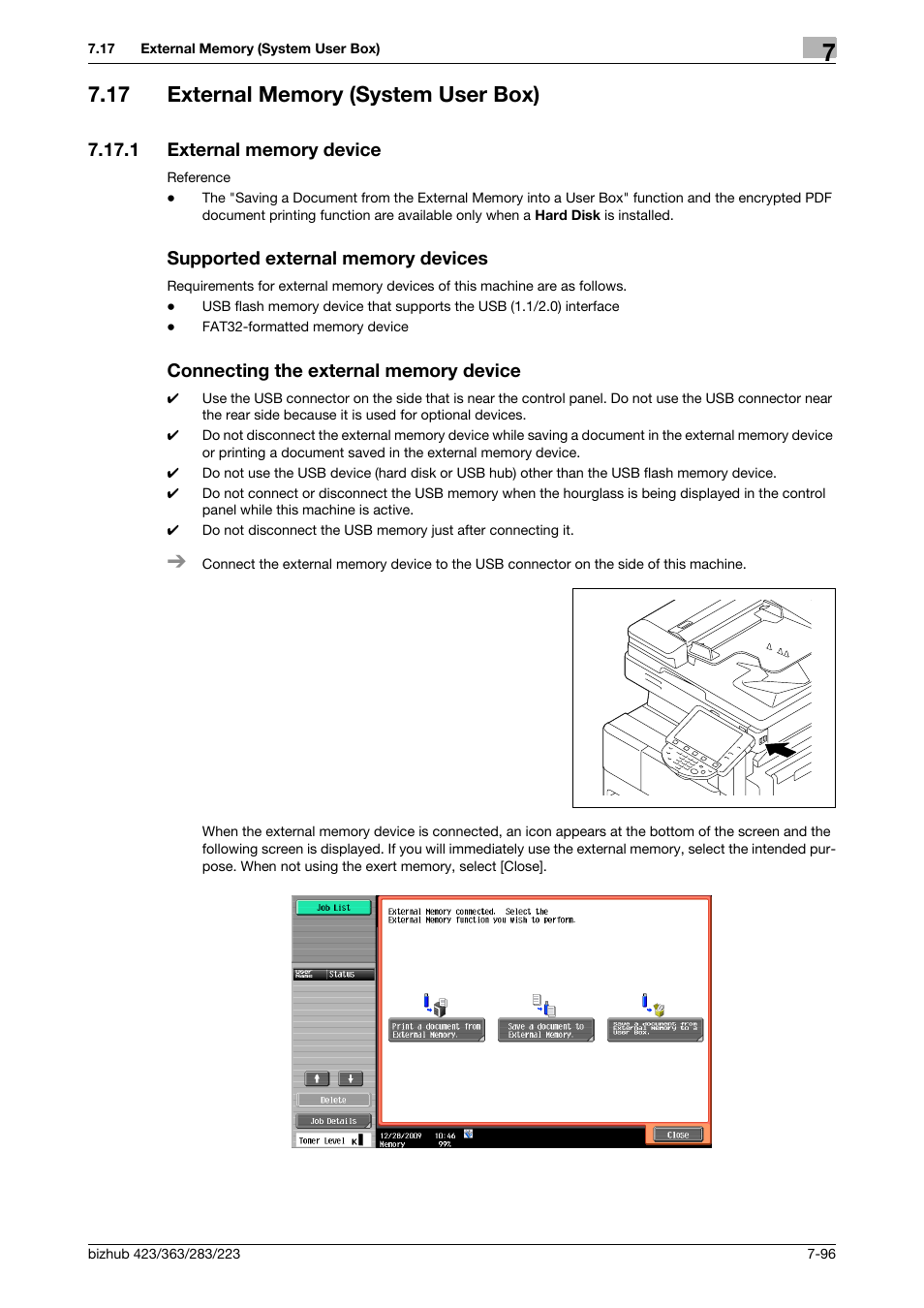 17 external memory (system user box), 1 external memory device, Supported external memory devices | Connecting the external memory device, External memory (system user box) -96, P. 7-96 | Konica Minolta BIZHUB 223 User Manual | Page 204 / 302