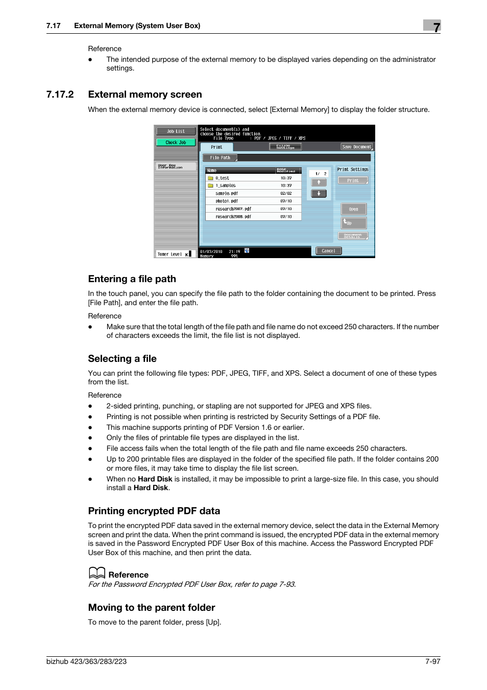 2 external memory screen, Entering a file path, Selecting a file | Printing encrypted pdf data, Moving to the parent folder | Konica Minolta BIZHUB 223 User Manual | Page 205 / 302