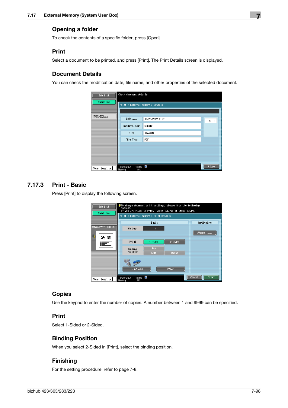 Opening a folder, Print, Document details | 3 print - basic, Copies, Binding position, Finishing, P. 7-98) | Konica Minolta BIZHUB 223 User Manual | Page 206 / 302