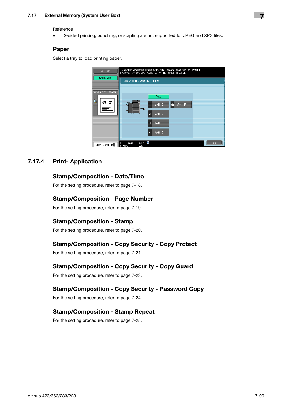 Paper, 4 print- application, Stamp/composition - date/time | Stamp/composition - stamp, Stamp/composition - copy security - copy protect, Stamp/composition - copy security - copy guard, Stamp/composition - copy security - password copy, Stamp/composition - stamp repeat, Paper -99, P. 7-99) | Konica Minolta BIZHUB 223 User Manual | Page 207 / 302