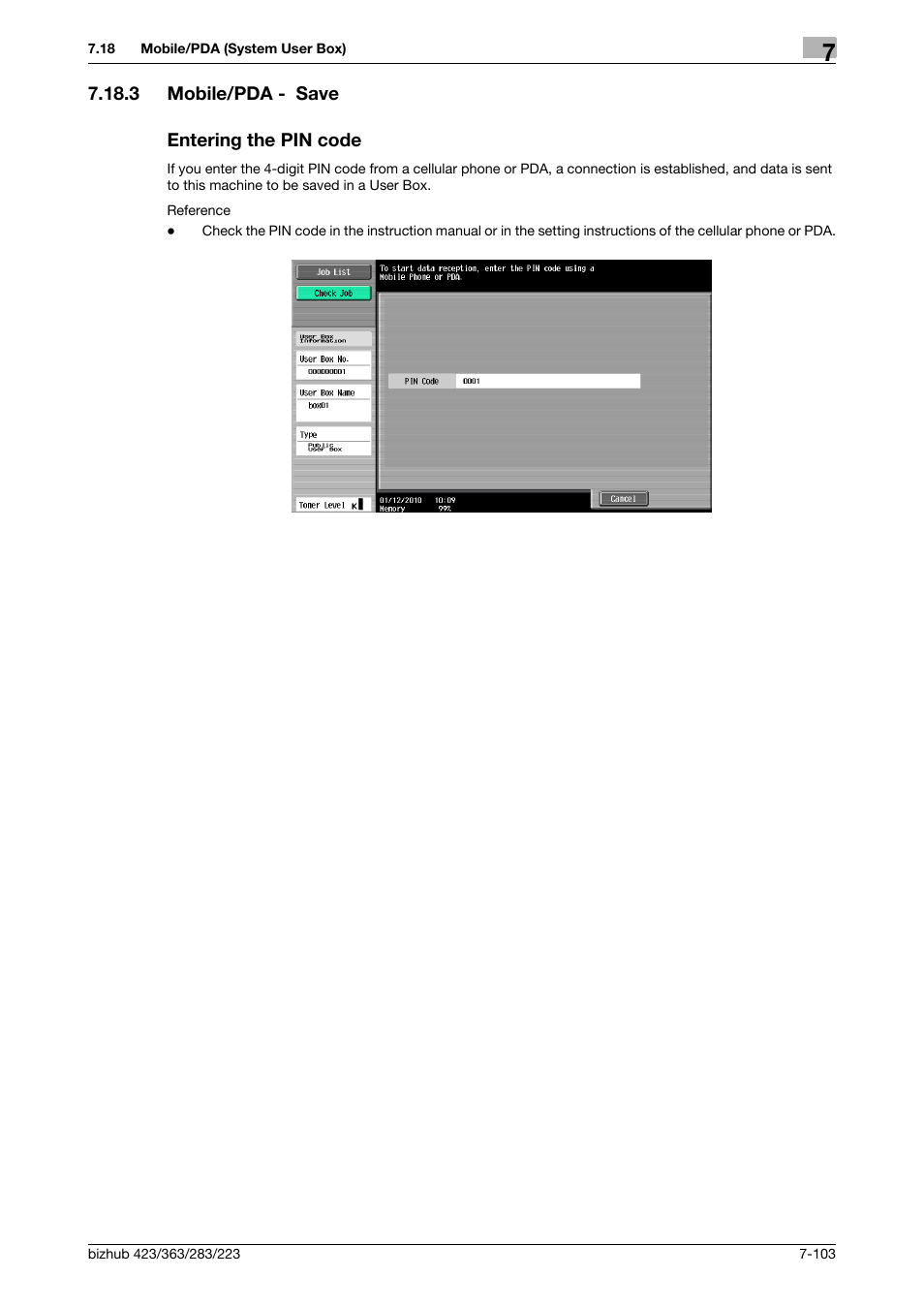 3 mobile/pda - save, Entering the pin code, Mobile/pda - save -103 entering the pin code -103 | P. 7-103, Save in user box] (p. 7-103) | Konica Minolta BIZHUB 223 User Manual | Page 211 / 302