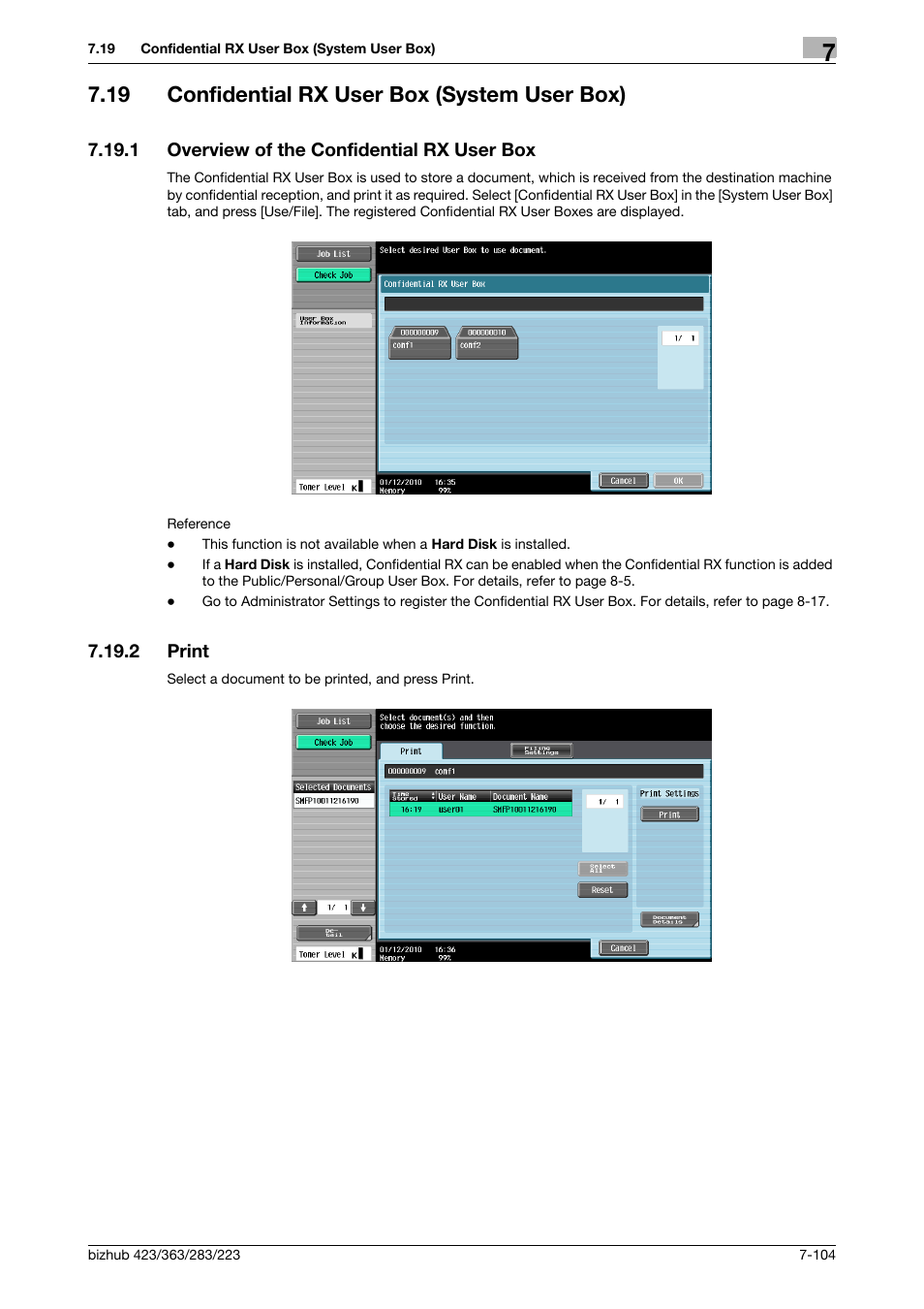 19 confidential rx user box (system user box), 1 overview of the confidential rx user box, 2 print | Confidential rx user box (system user box) -104, Overview of the confidential rx user box -104, Print -104, P. 7-104 | Konica Minolta BIZHUB 223 User Manual | Page 212 / 302