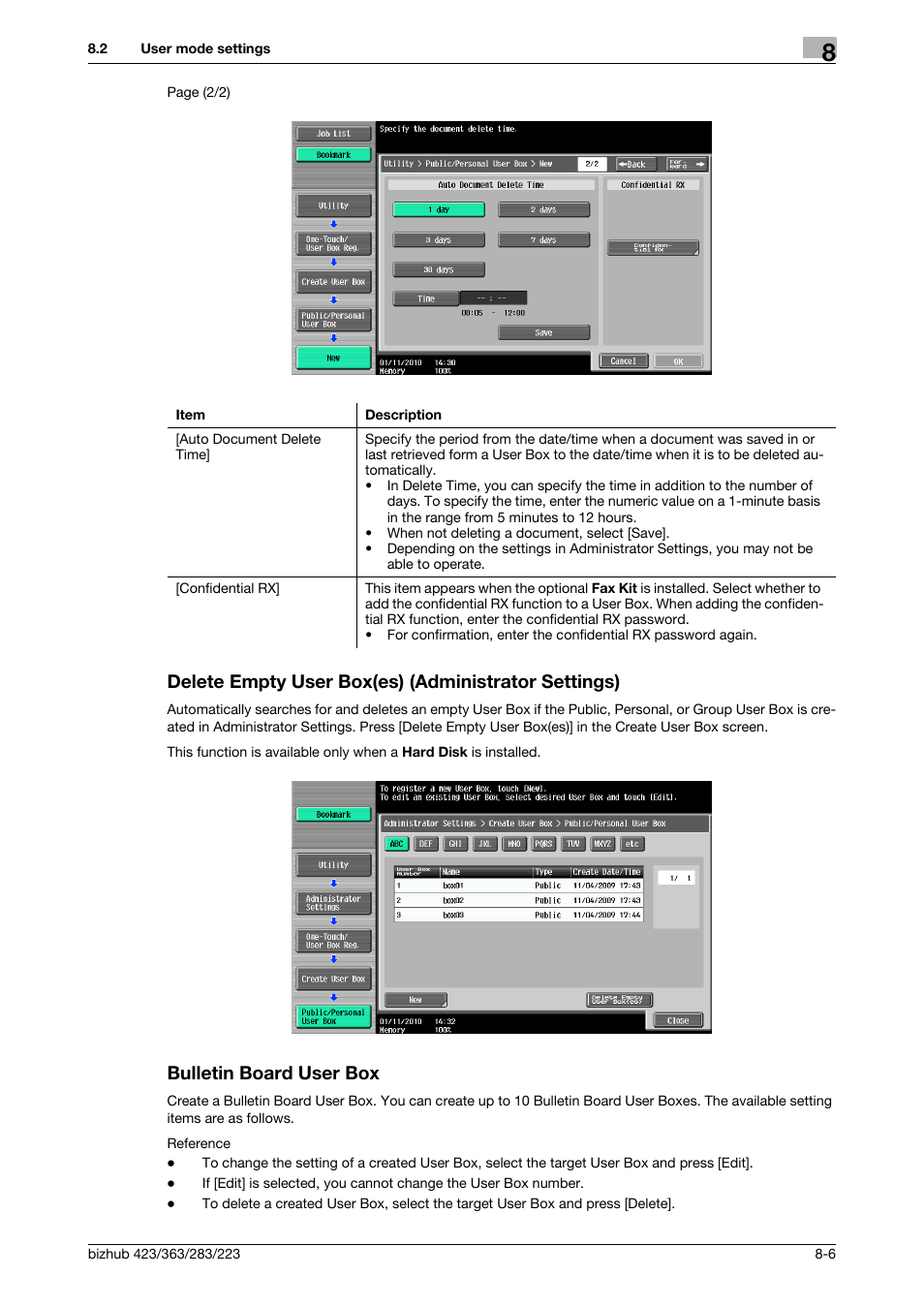 Delete empty user box(es) (administrator settings), Bulletin board user box, P. 8-6) | User box] (p. 8-6) | Konica Minolta BIZHUB 223 User Manual | Page 219 / 302