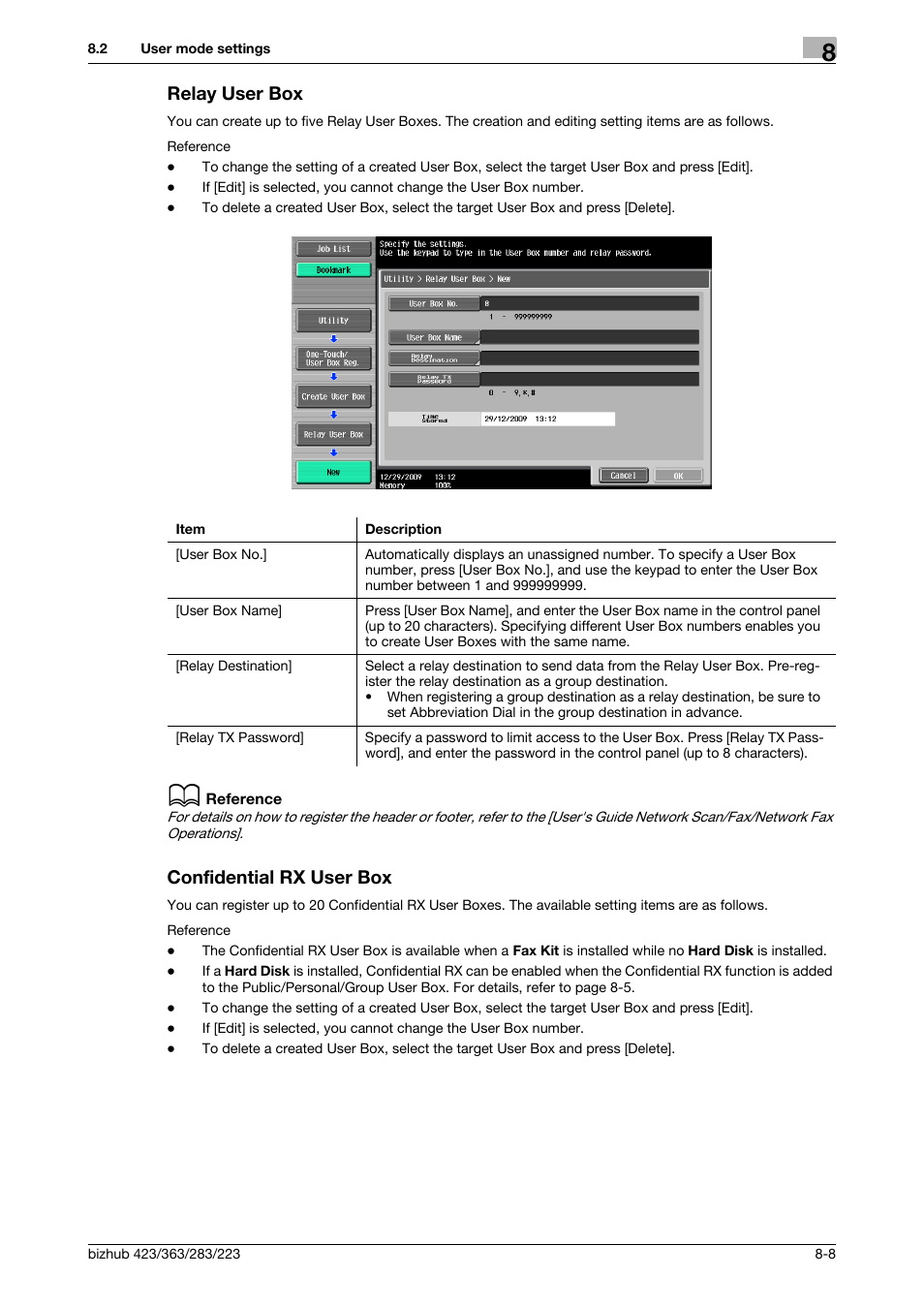 Relay user box, Confidential rx user box, Relay user box -8 confidential rx user box -8 | E relayed. (p. 8-8), P. 8-8) | Konica Minolta BIZHUB 223 User Manual | Page 221 / 302