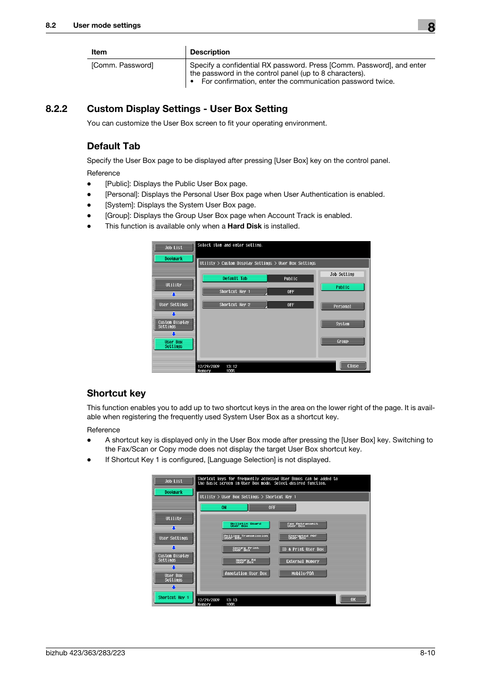 2 custom display settings - user box setting, Default tab, Shortcut key | Ngs] (p. 8-10) | Konica Minolta BIZHUB 223 User Manual | Page 223 / 302