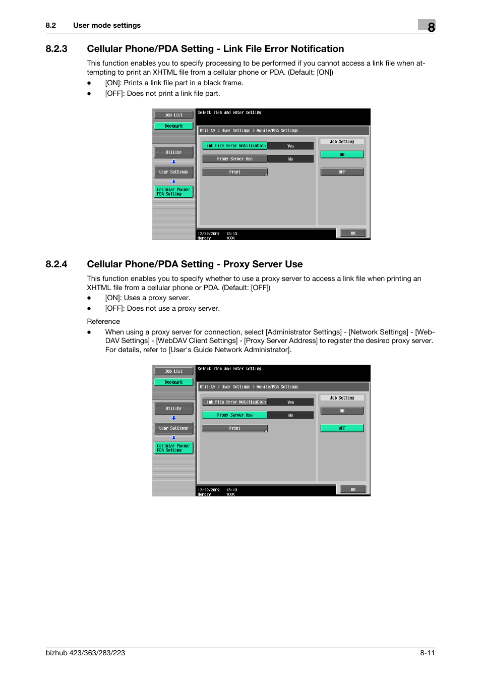 4 cellular phone/pda setting - proxy server use, Cellular phone/pda setting - proxy server use -11, Cation] (p. 8-11) | P. 8-11) | Konica Minolta BIZHUB 223 User Manual | Page 224 / 302