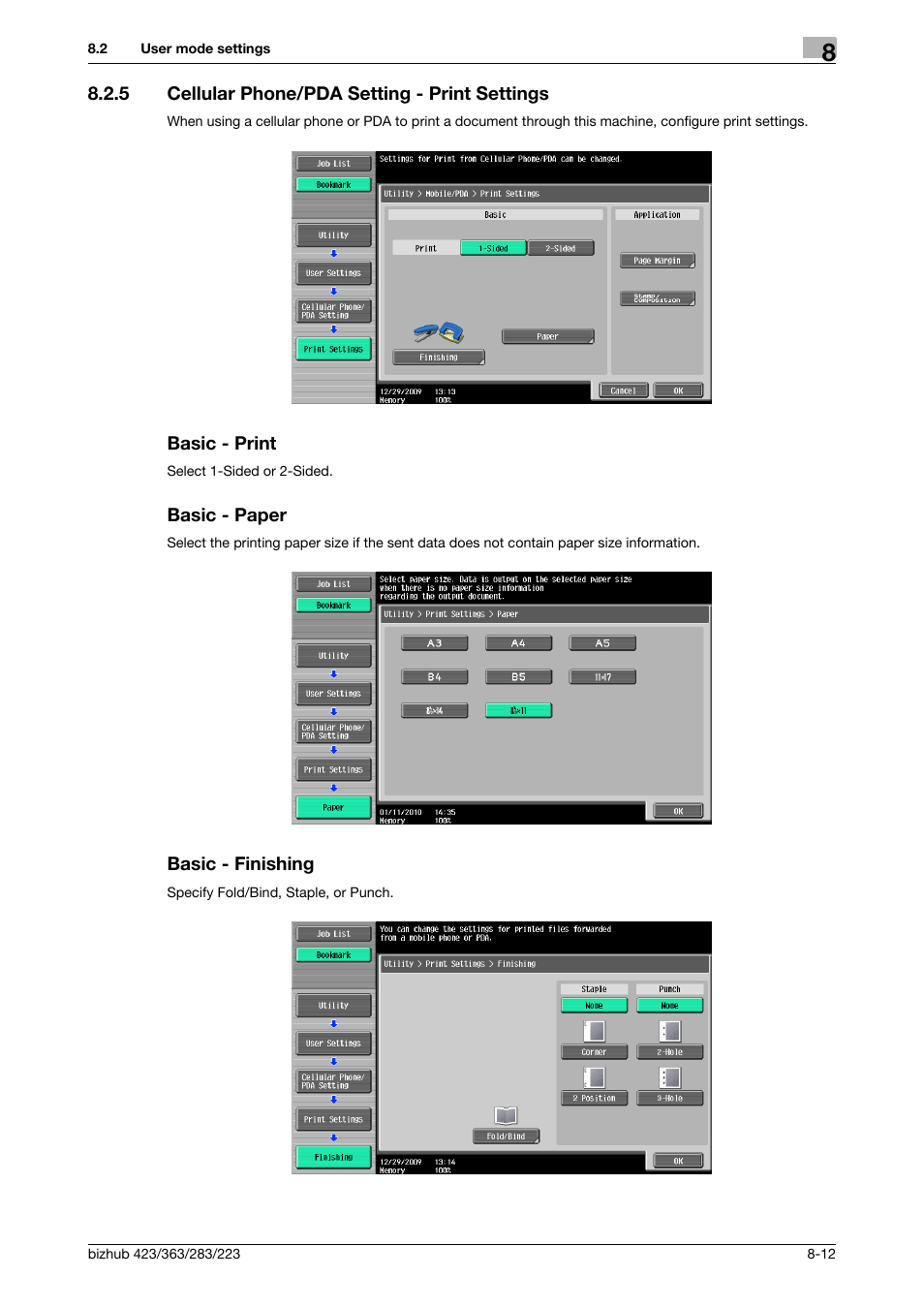 5 cellular phone/pda setting - print settings, Basic - print, Basic - paper | Basic - finishing, P. 8-12) | Konica Minolta BIZHUB 223 User Manual | Page 225 / 302