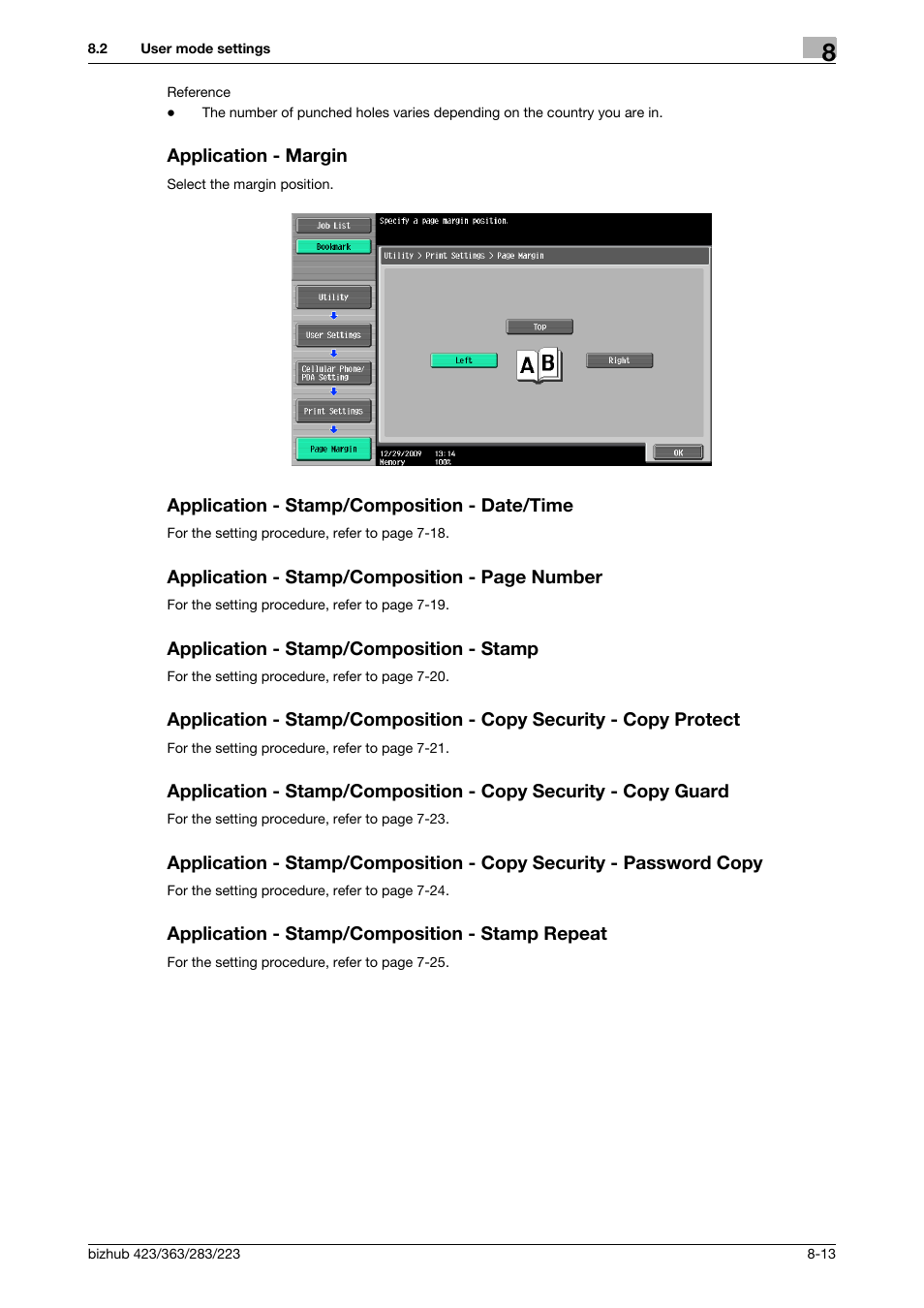 Application - margin, Application - stamp/composition - date/time, Application - stamp/composition - stamp | Application - stamp/composition - stamp repeat | Konica Minolta BIZHUB 223 User Manual | Page 226 / 302