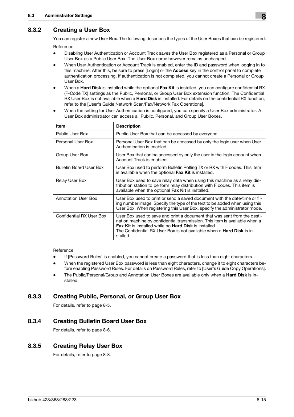 2 creating a user box, 3 creating public, personal, or group user box, 4 creating bulletin board user box | 5 creating relay user box, Creating a user box -15, Creating public, personal, or group user box -15, Creating bulletin board user box -15, Creating relay user box -15, Box] (p. 8-15) | Konica Minolta BIZHUB 223 User Manual | Page 228 / 302