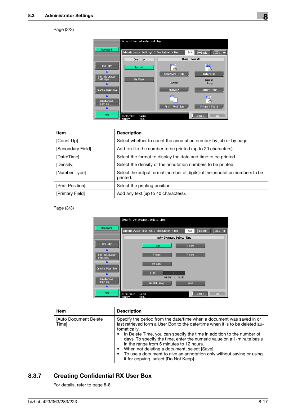 7 creating confidential rx user box, Creating confidential rx user box -17, L rx user box (p. 8-17) | Konica Minolta BIZHUB 223 User Manual | Page 230 / 302