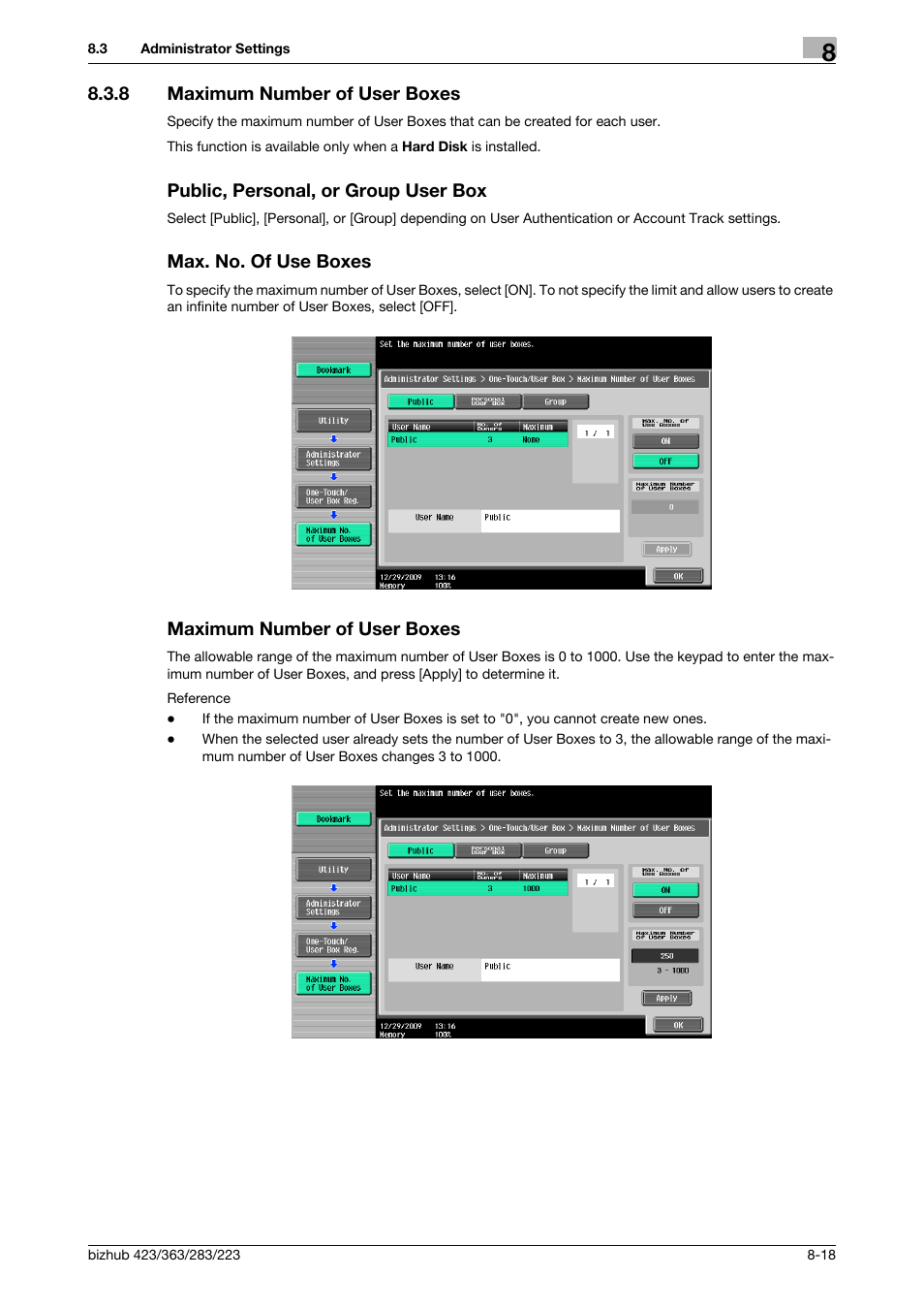 8 maximum number of user boxes, Public, personal, or group user box, Max. no. of use boxes | Maximum number of user boxes, P. 8-18) | Konica Minolta BIZHUB 223 User Manual | Page 231 / 302