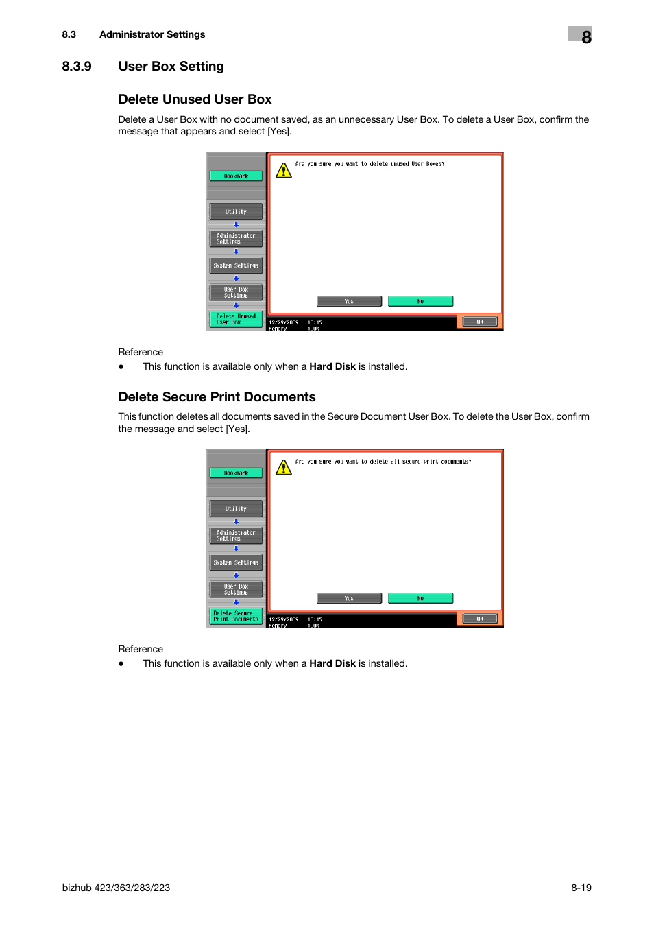 9 user box setting, Delete unused user box, Delete secure print documents | Tings] (p. 8-19), P. 8-19) | Konica Minolta BIZHUB 223 User Manual | Page 232 / 302