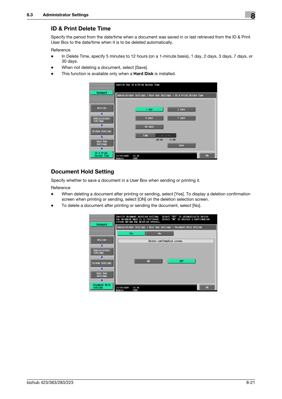 Id & print delete time, Document hold setting, P. 8-21) | Konica Minolta BIZHUB 223 User Manual | Page 234 / 302