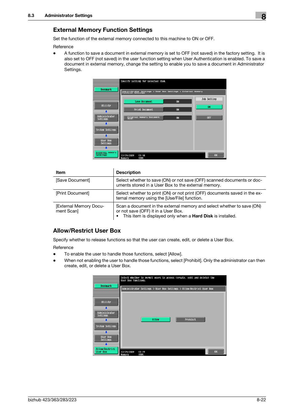 External memory function settings, Allow/restrict user box, Ngs] (p. 8-22) | P. 8-22) | Konica Minolta BIZHUB 223 User Manual | Page 235 / 302