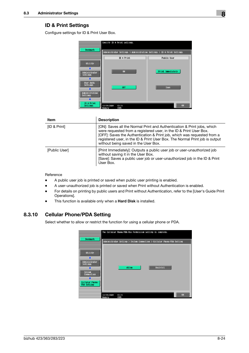 Id & print settings, 10 cellular phone/pda setting, Id & print settings -24 | Cellular phone/pda setting -24, P. 8-24) | Konica Minolta BIZHUB 223 User Manual | Page 237 / 302