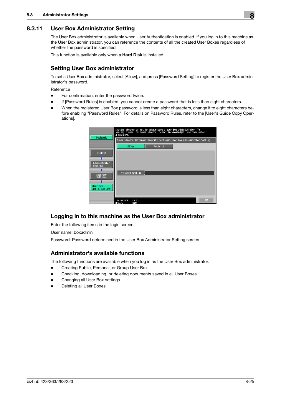 11 user box administrator setting, Setting user box administrator, Administrator's available functions | P. 8-25) | Konica Minolta BIZHUB 223 User Manual | Page 238 / 302