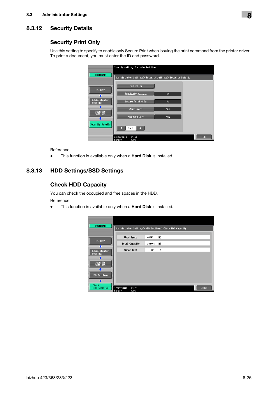 12 security details, Security print only, 13 hdd settings/ssd settings | Check hdd capacity, Security details -26 security print only -26, P. 8-26) | Konica Minolta BIZHUB 223 User Manual | Page 239 / 302