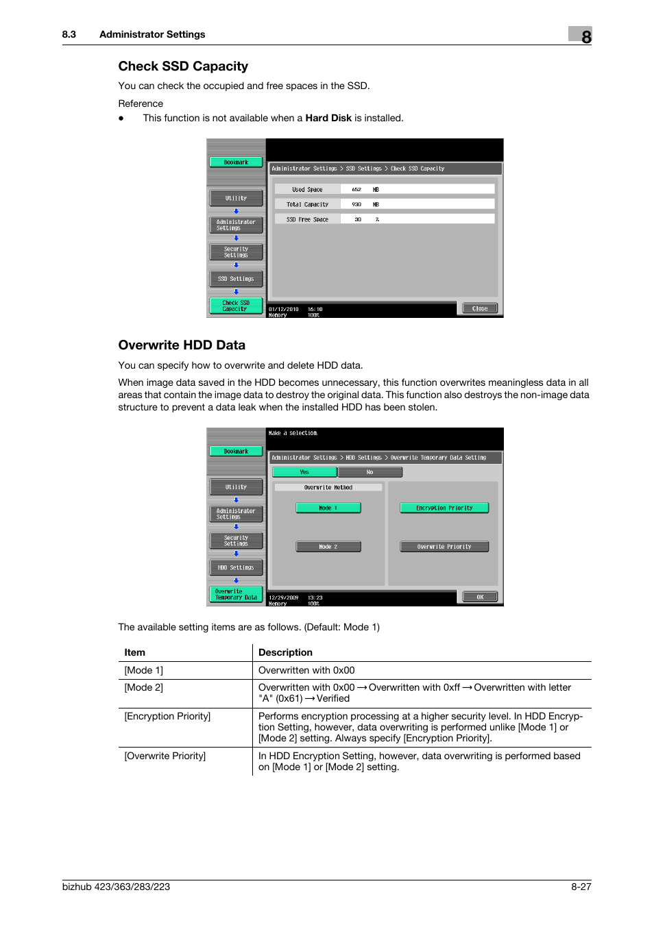 Check ssd capacity, Overwrite hdd data, Check ssd capacity -27 overwrite hdd data -27 | P. 8-27), P. 8-27 | Konica Minolta BIZHUB 223 User Manual | Page 240 / 302